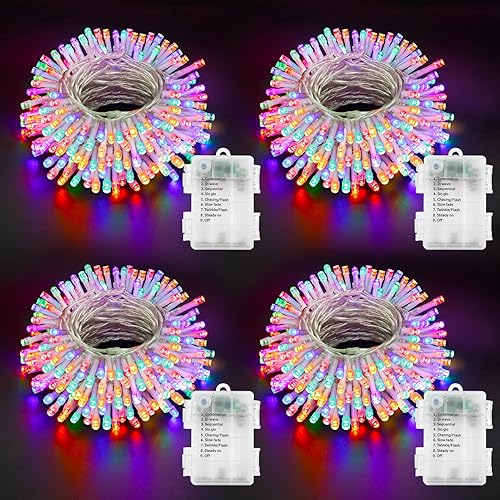 Miniatura 8 de Paquete de 4 tiras de luces multicolor a pilas para exteriores, 16.5 pies, 50 LED, temporizador, luces RGBY de alambre transparente, luces de árbol