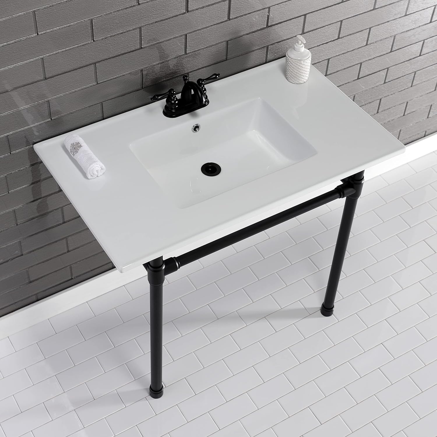 Kingston Brass KVPB37227W40 Dreyfuss 37-Inch Console Sink with Stainless Steel Legs (4-Inch, 3 Hole), White/Matte Black