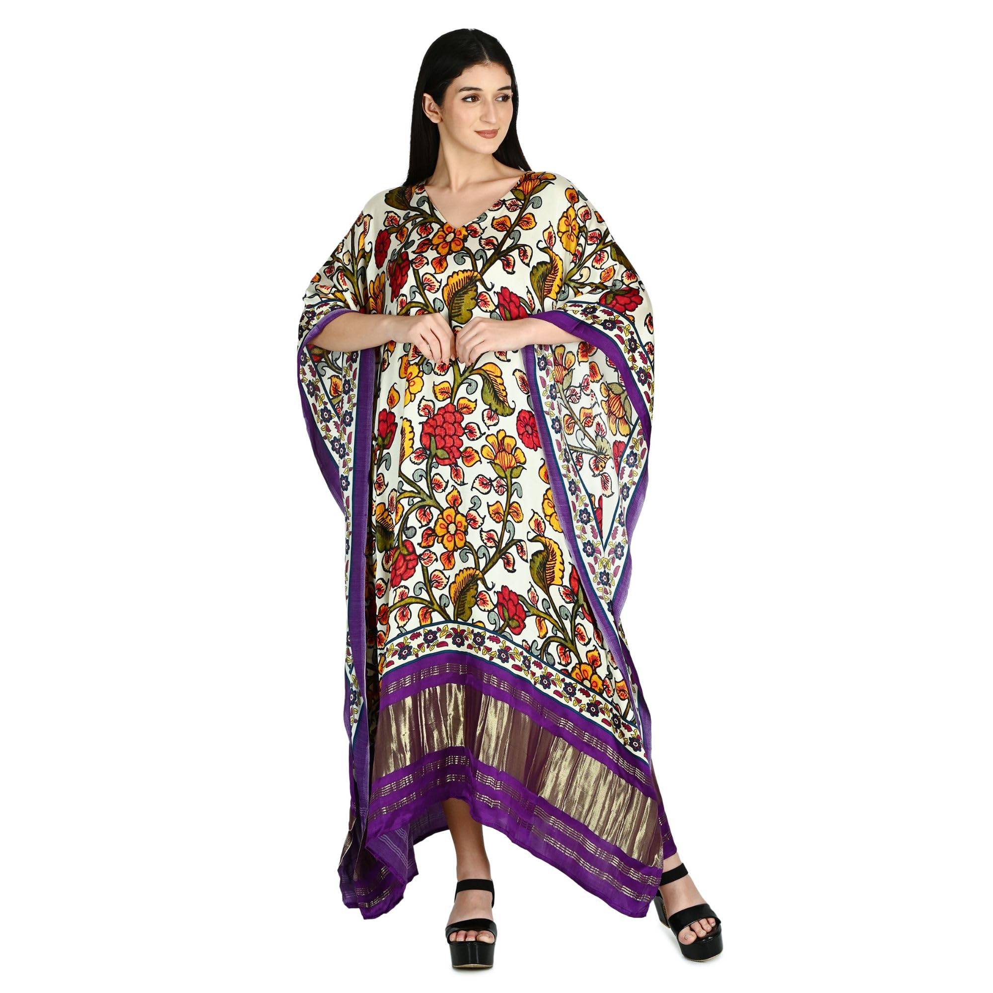 Women's Kalamkari Floral Kaftan | Silk Fabric | Printed, Everyday Use, Ivory-image-20