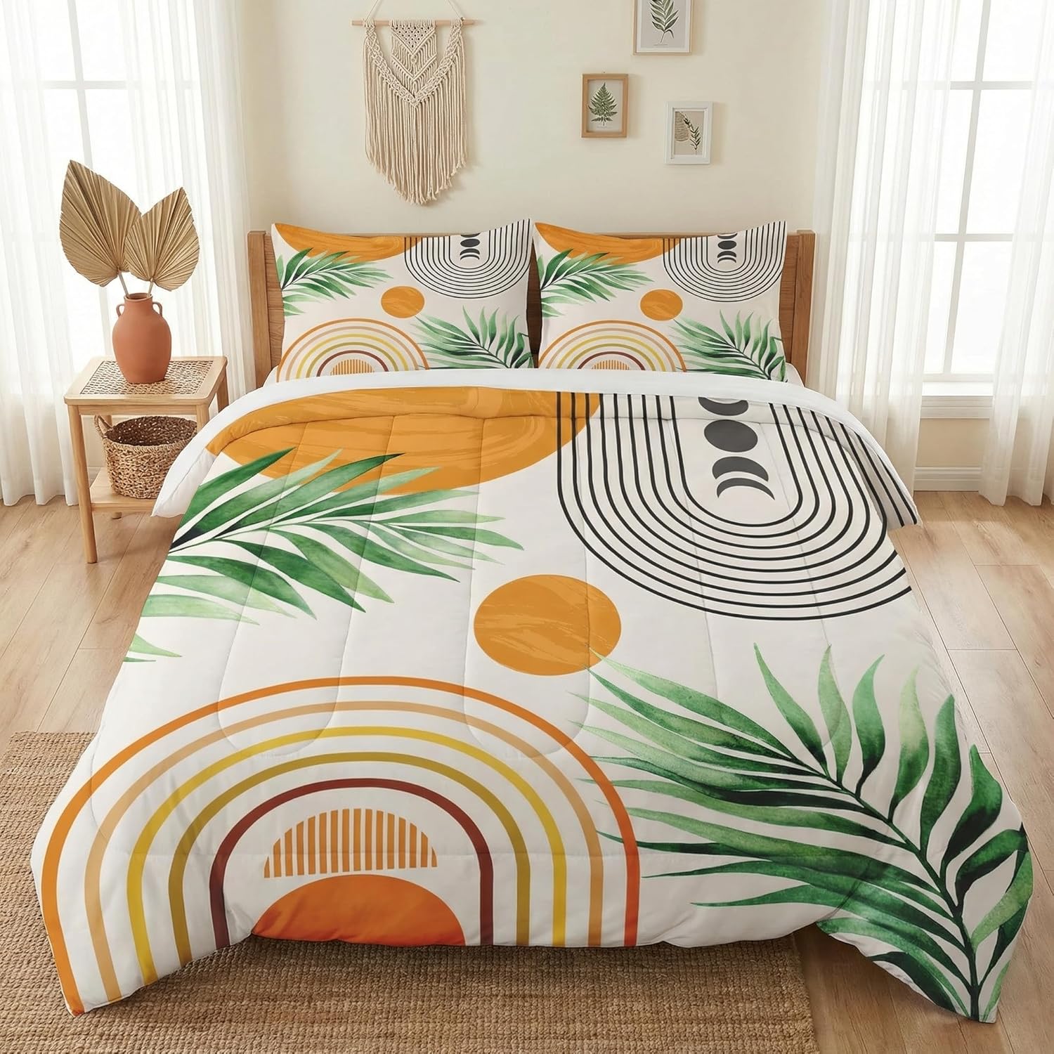 Full Size Comforter Set with 2 Pillowcases, Contemporary Mid Century 3 Pcs Bedding for Kids and Adults, Rainbow Sun Boho Geometric Soft Comforter Set for Bedroom Bed Decor