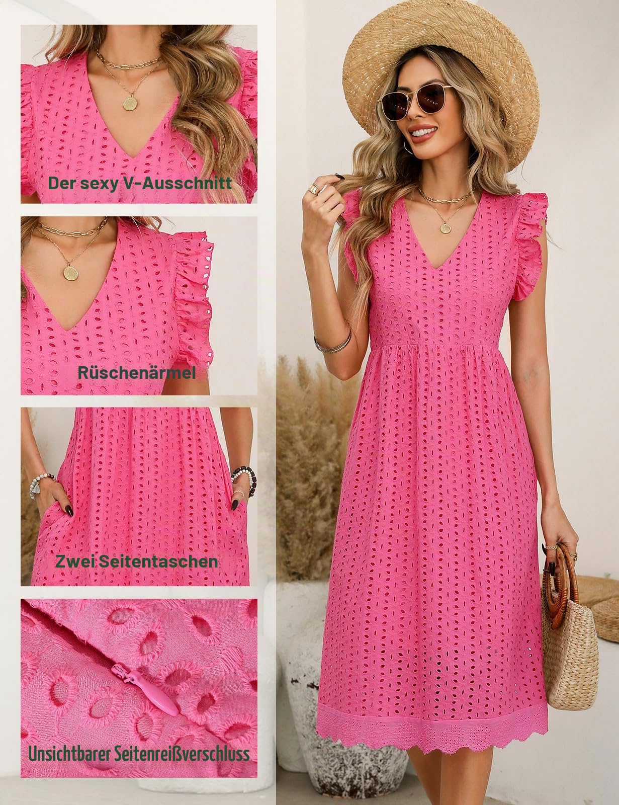 Sommerkleid Damen Lang V Ausschnitt Baumwolle Kleider Sommer Leicht A-Linien-Midikleid Freizeitkleid Damenkleider Lockeres Strandkleid mit Tasche