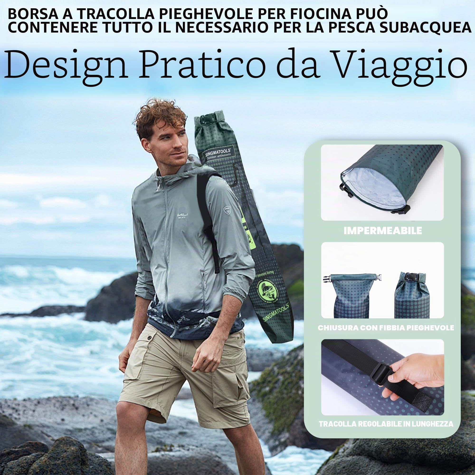 Hawaiian Sling Fishing Spear 2,1 m Viaggio Alluminio Pole Lancia 3 Rebbi Sling Lancia Attrezzatura da Pesca Snorkeling Immersione Attrezzatura da Immersione Polespears Arpione per Pesca Kayak, Pesca