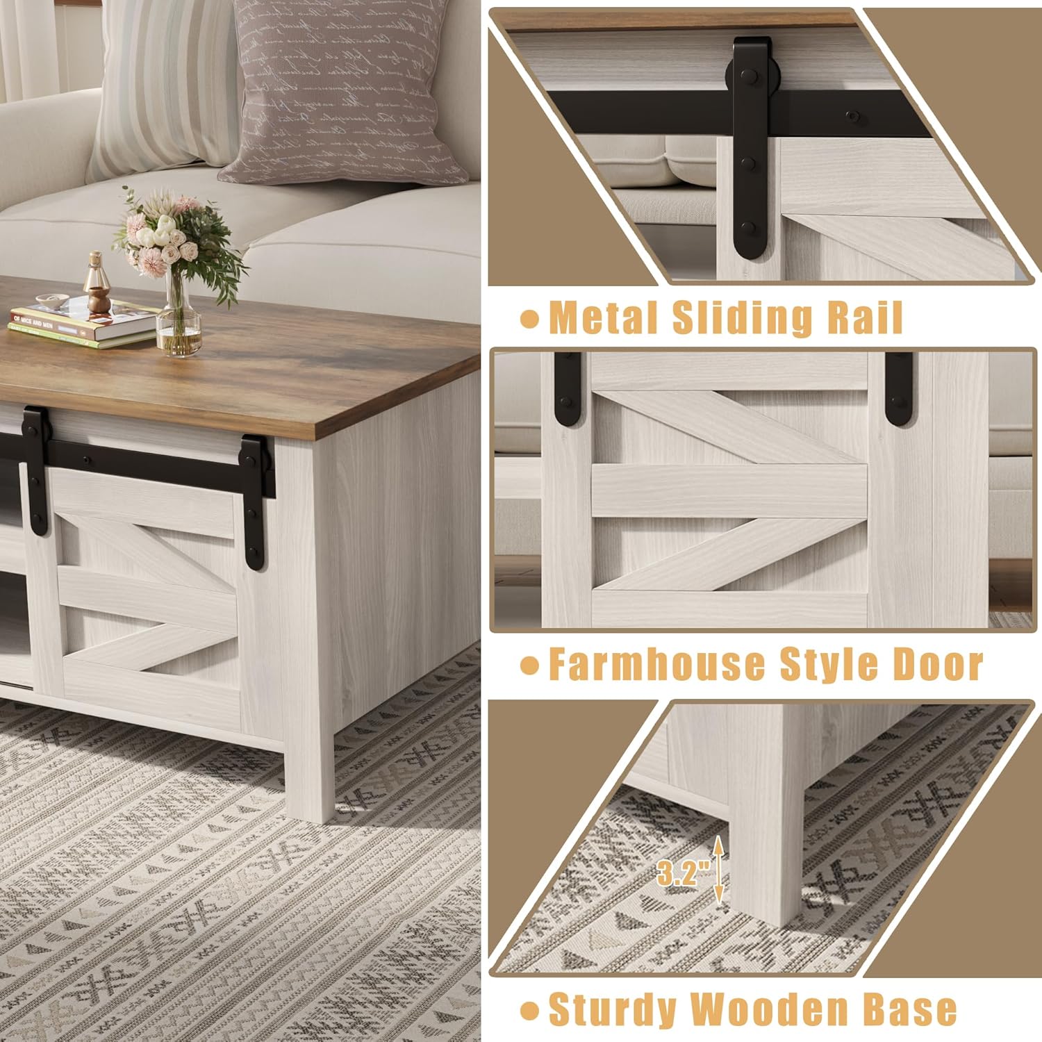 Furmax Coffee Table with Storage and Sliding Barn Doors, Farmhouse Living Room Table with Adjustable Shelves, Wood Rustic Center Table for Home Living Meeting Room (Antique White)