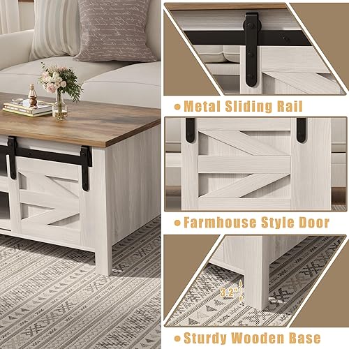 Miniatura 7 de Furmax Mesa de centro con almacenamiento y puertas corredizas de granero, mesa de sala de estar de granja con estantes ajustables, mesa central
