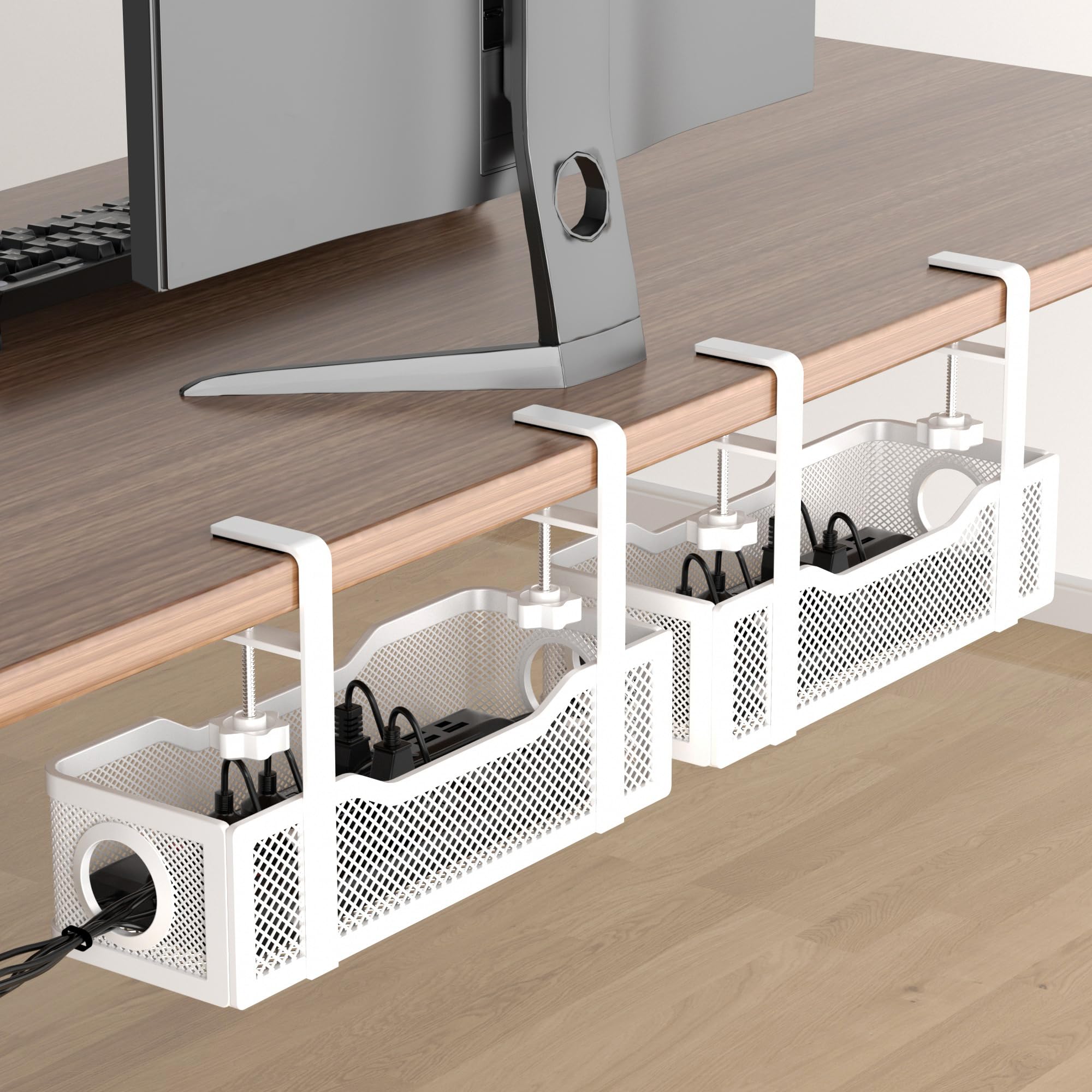 Cinati Under Desk Cable Management Box, 68.1 cm, No Drilling, Cable Organization Tray with Clamp for Office, Home, No Damage to Desk, White, 2 Pack