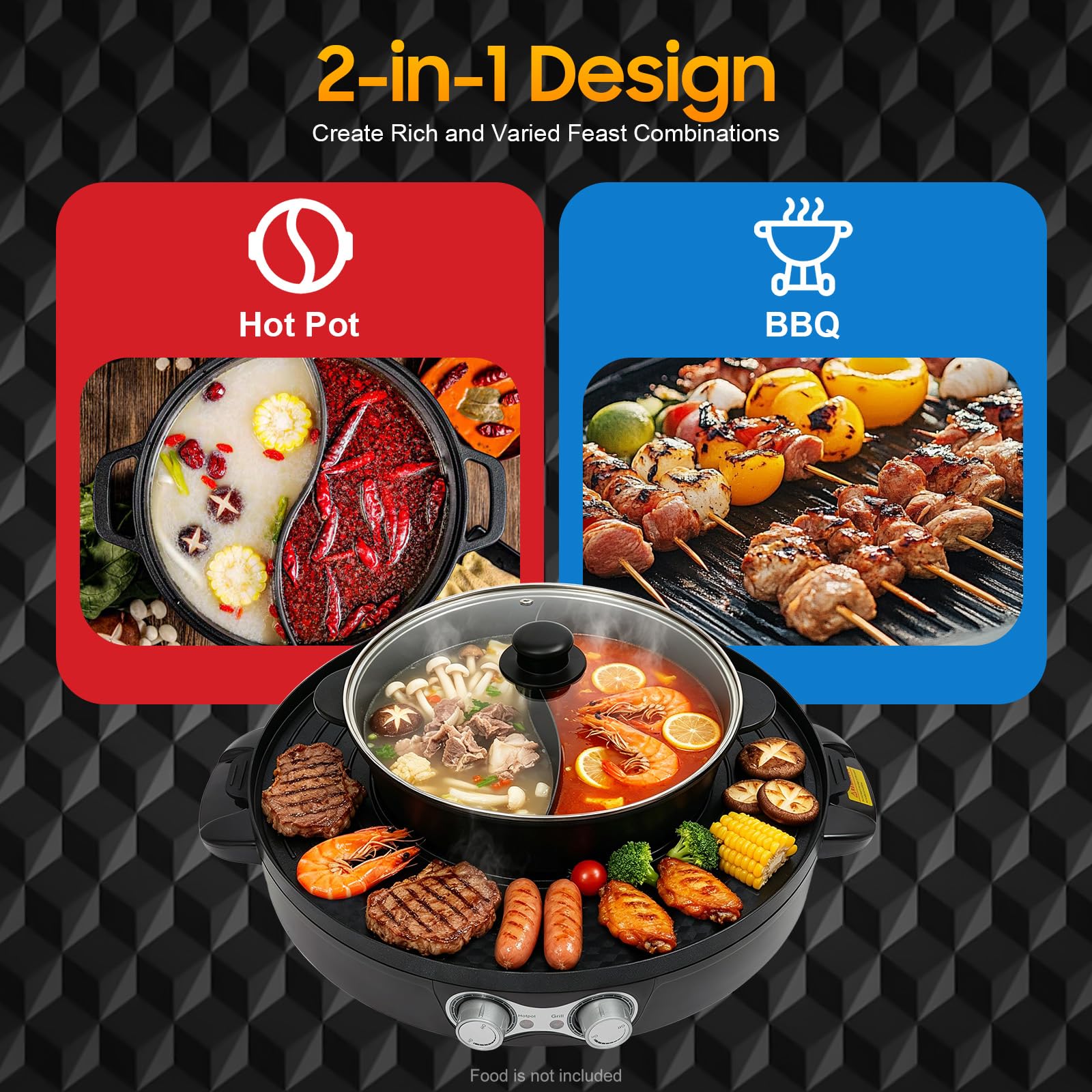2200 W Hot Pot grill elektryczny 2 w 1 Hotpot garnek 220 V grill elektryczny | Wielofunkcyjny czajnik elektryczny do zupy, czarny, do użytku w pomieszczeniach i w domu