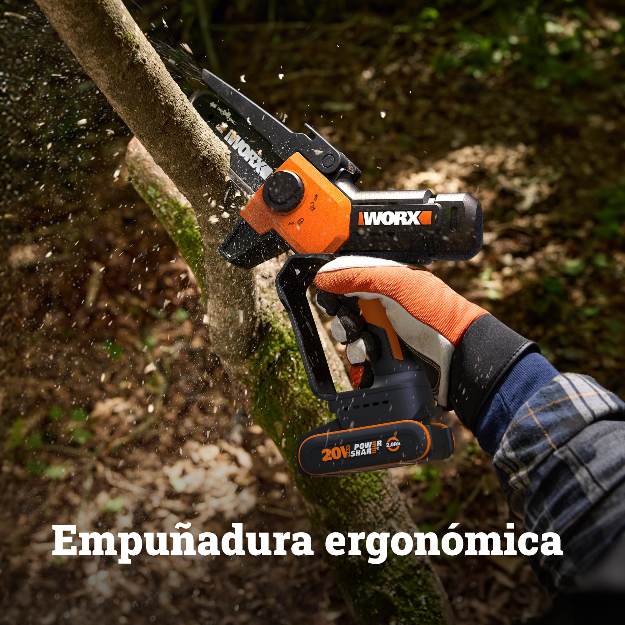 WORX WG326E Mini Motosierra 12cm 20V 2Ah PowerShare, una Mano | Cambio de cadena sin herramientas, doble protección de seguridad, cargador 1h incluido, compatible 20V/40V