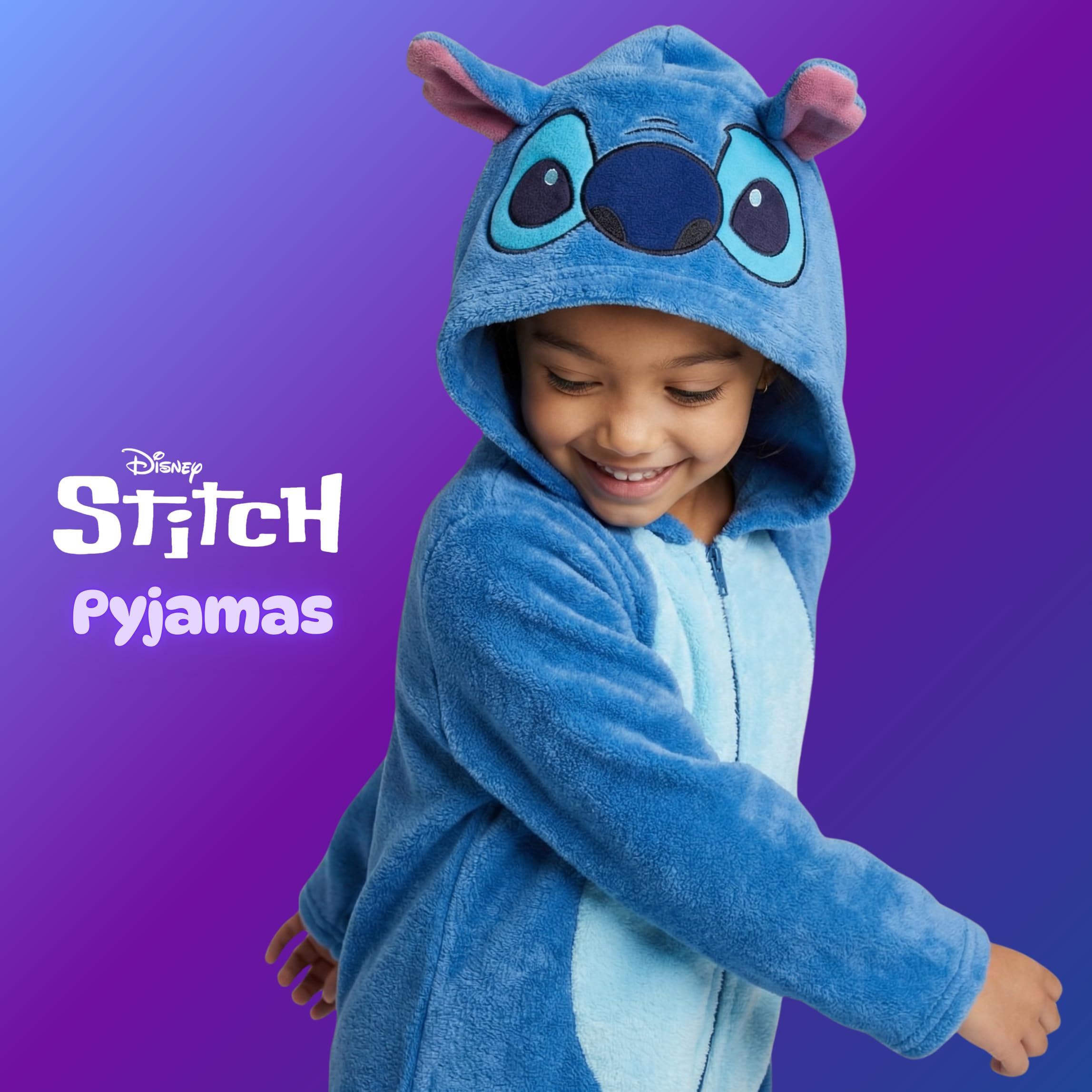 Disney Stitch Pyjamas pour Filles, Pyjama Une Pièce en Polaire Douce à Capuche 3D pour Enfants, Tailles 3 à 8 Ans
