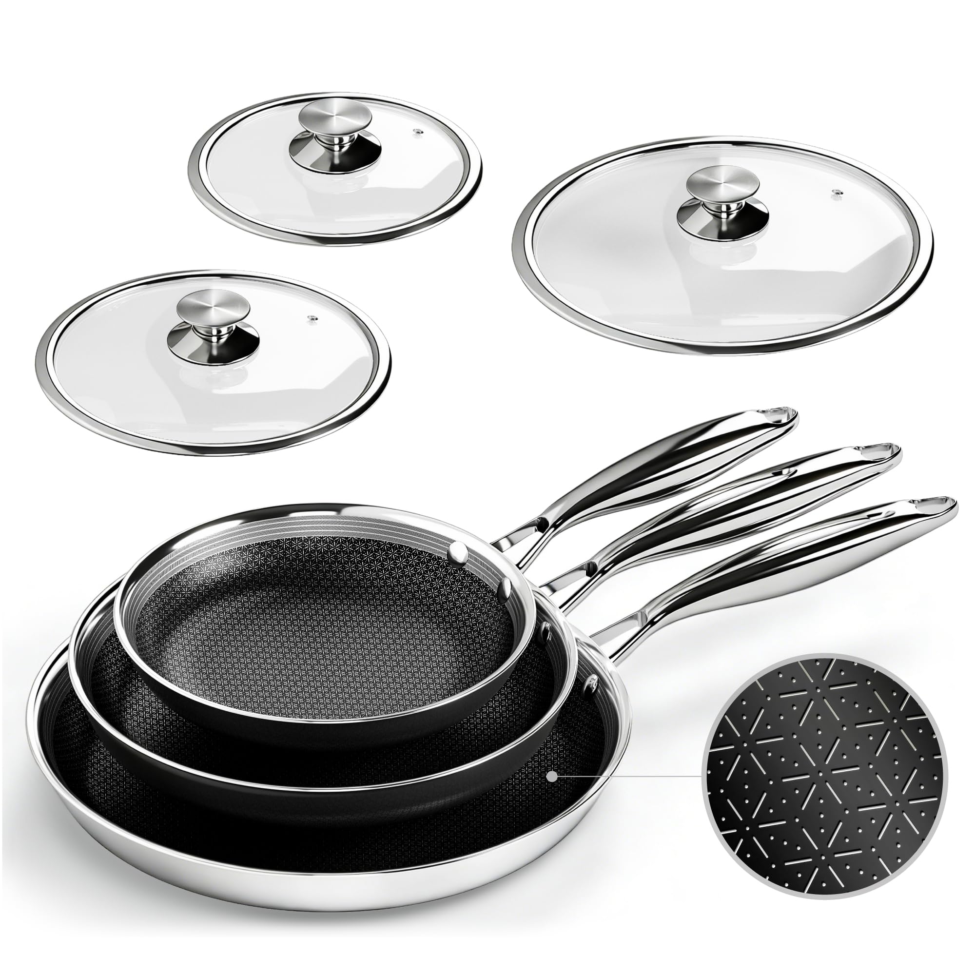 Kitchen Academy Tri-Ply 18/10 Stainless Steel Frying Pans Set with Lids, 6-Piece Non Stick Induction Skillet Set, PFAS & PFOA Free (20, 25 & 30cm)