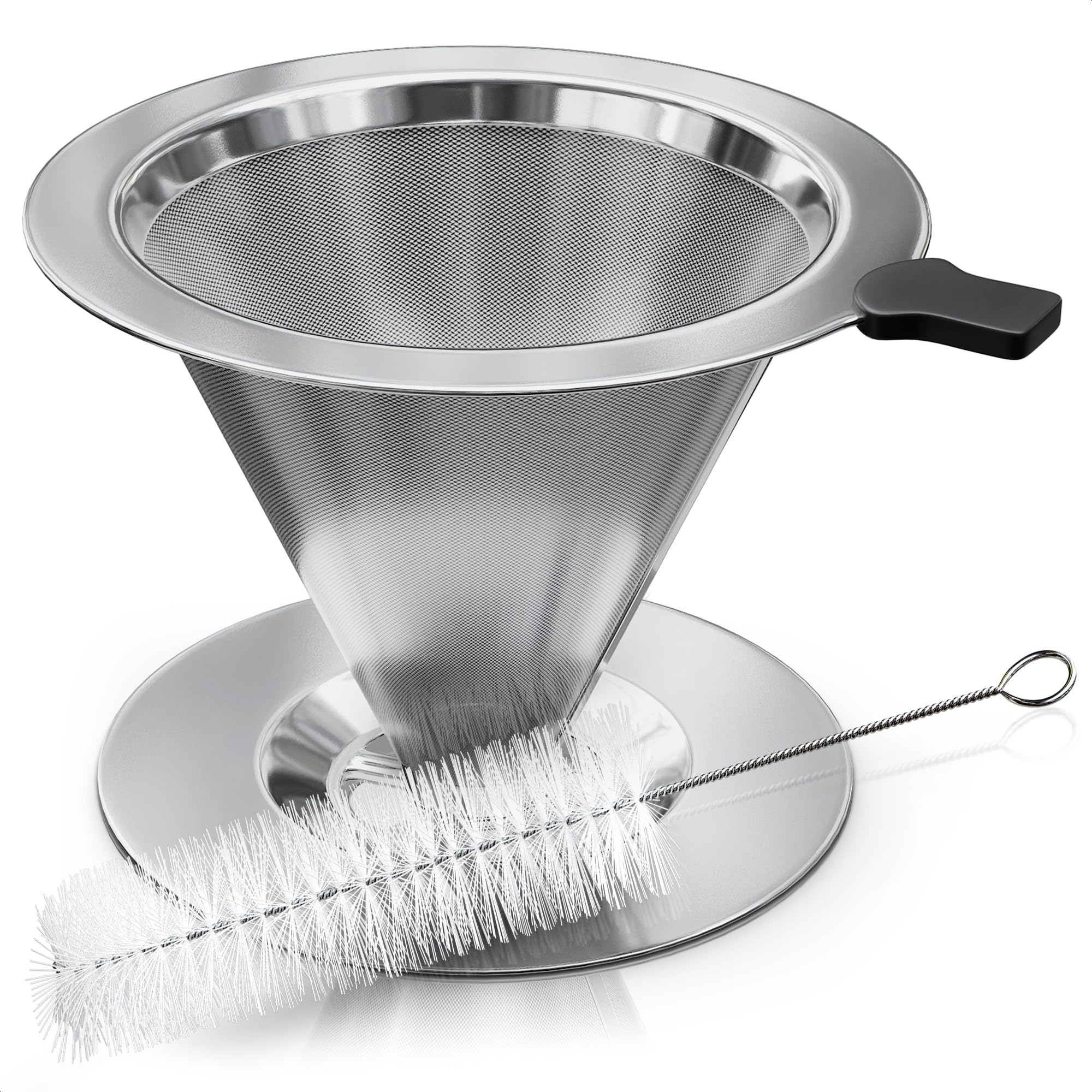Pour Over Coffee Dripper - 3.18x4.48 Stainless Steel Pour Over Coffee Maker with Wide Secure Base, Convenient Plastic Handle, and Cleaning Brush - for Well-Balanced, Reach and Clean Flavor Paperless