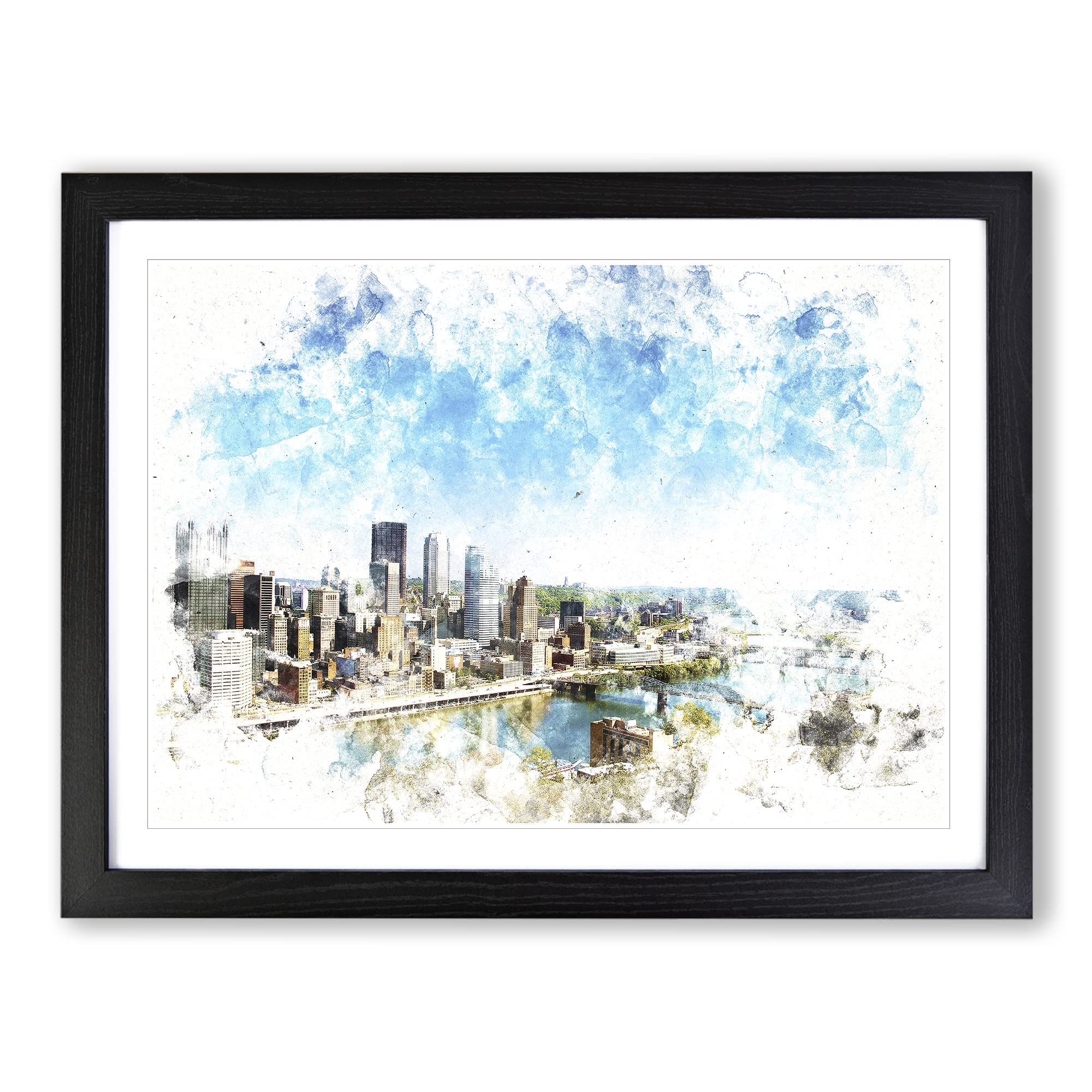 Skyline Of Pittsburgh Pennsylvania Watercolour Modern Framed Print, Black, A3 (46 x 34 cm)