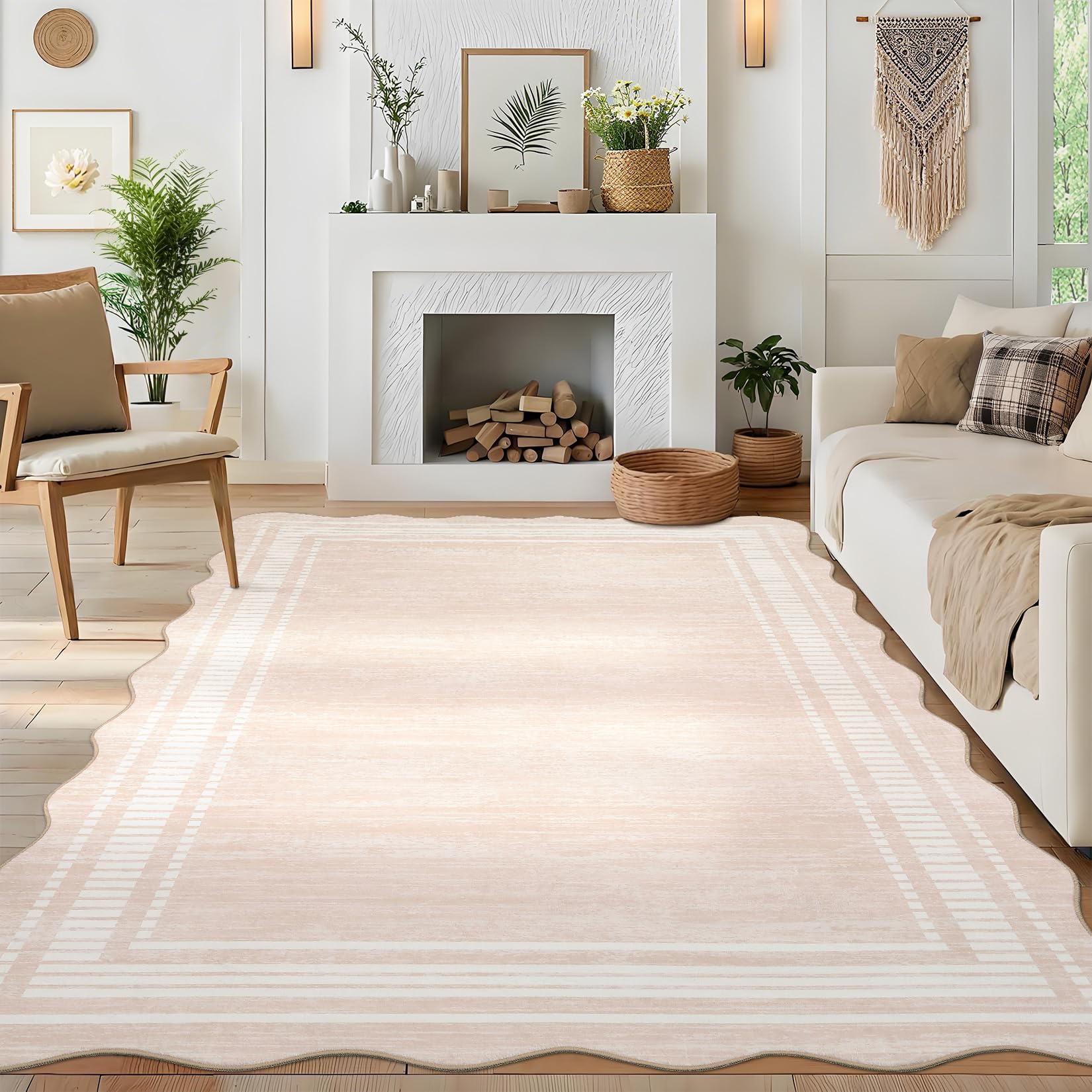 FairyStyle Washable Rugs 160x230cm Rug for Living Room, Scalloped Rug Solid Taupe Printing Modern Low-Pile Carpet for Bedroom Dining Nursery Non Slip Mat with Rubber Back