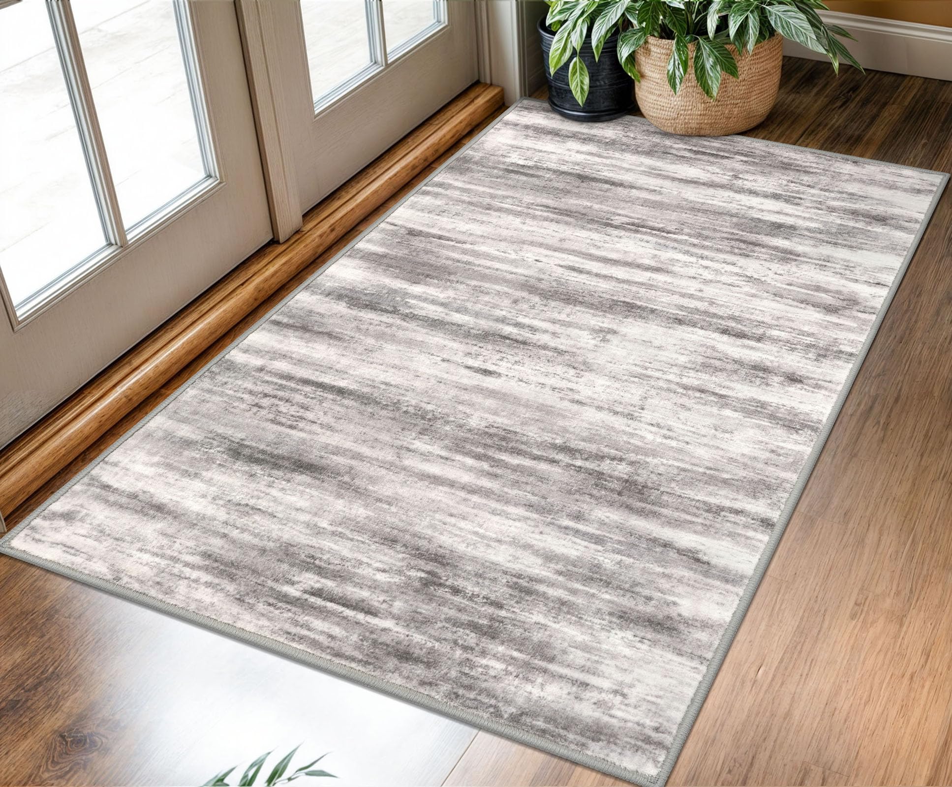 KOZYFLY Abstract Modern Washable 3x5 Area Rug Non-Slip Large Kitchen & Entryway Rug, Grey/Light Beige/Brown Throw Rugs Indoor Mat for High-Traffic Door Entrance, Laundry, Nursery
