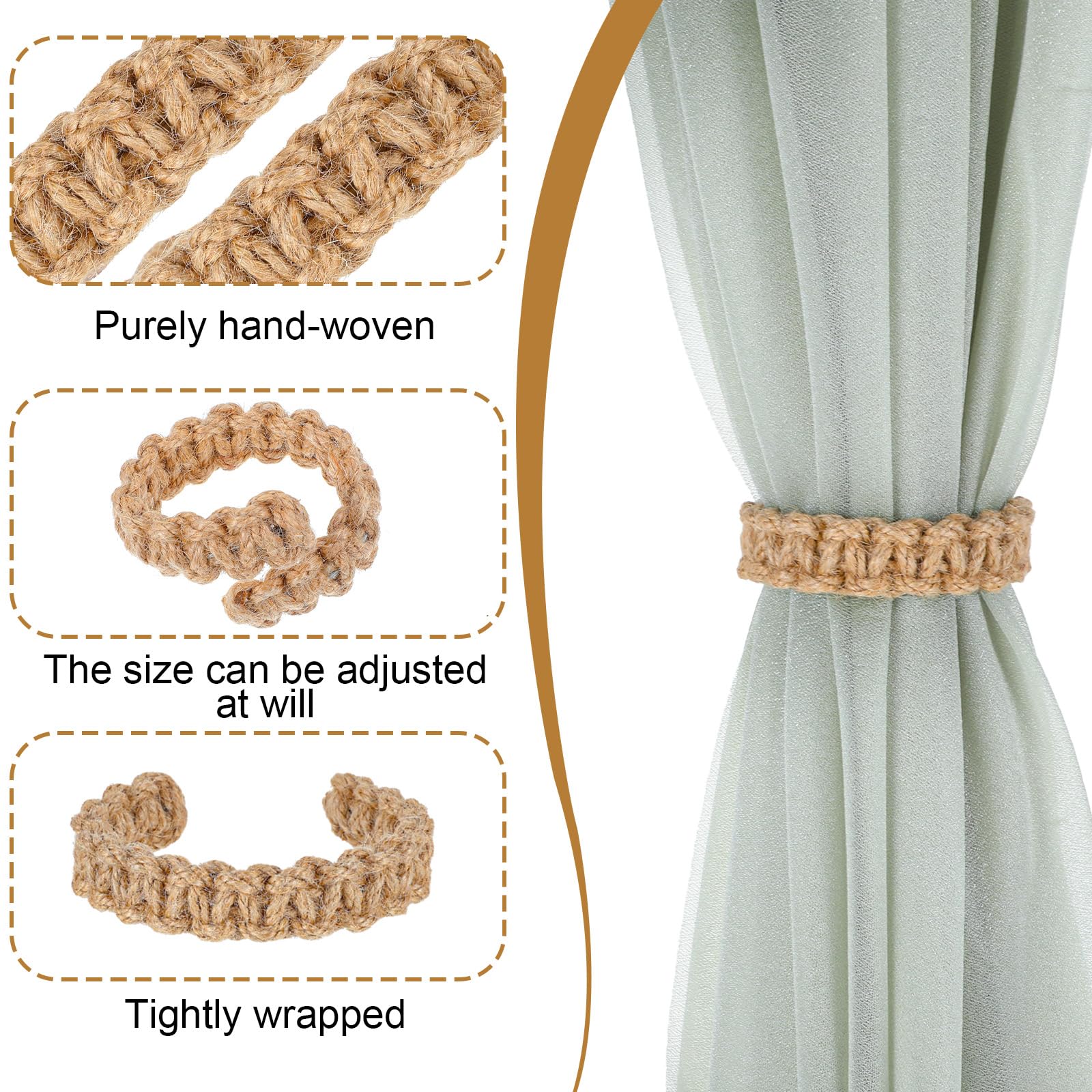 MAKNGRID Braided Rope Handmade Boho Light Curtain Tie for Drapes Flexible Burlap Holdbacks Office Decorative Tiebacks, Weight Tie Rustic Home Bedroom Outdoor Pcs 6 Backs Curtain Farmhouse 1