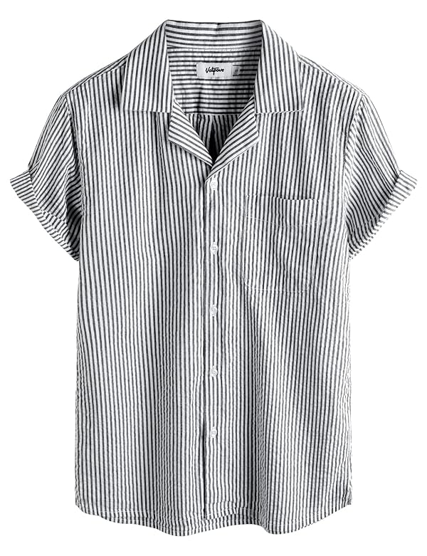VATPAVE Mens Striped Summer Shirt Casual Button Down Short Sleeve Beach Shirts Cotton Shirts for Men 3X-Large Black by VATPAVE - Used condition - US$21.26