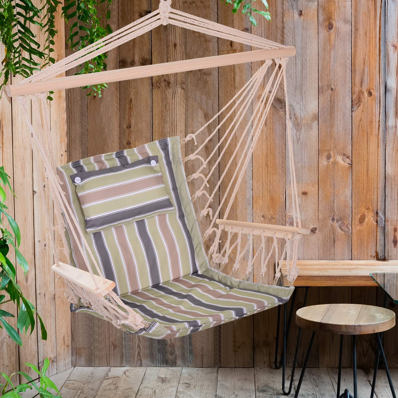 Outsunny Sedia sospesa a righe amaca con cuscino poggiatesta per interno esterno 100 x 106 cm Carico massimo 105 kg