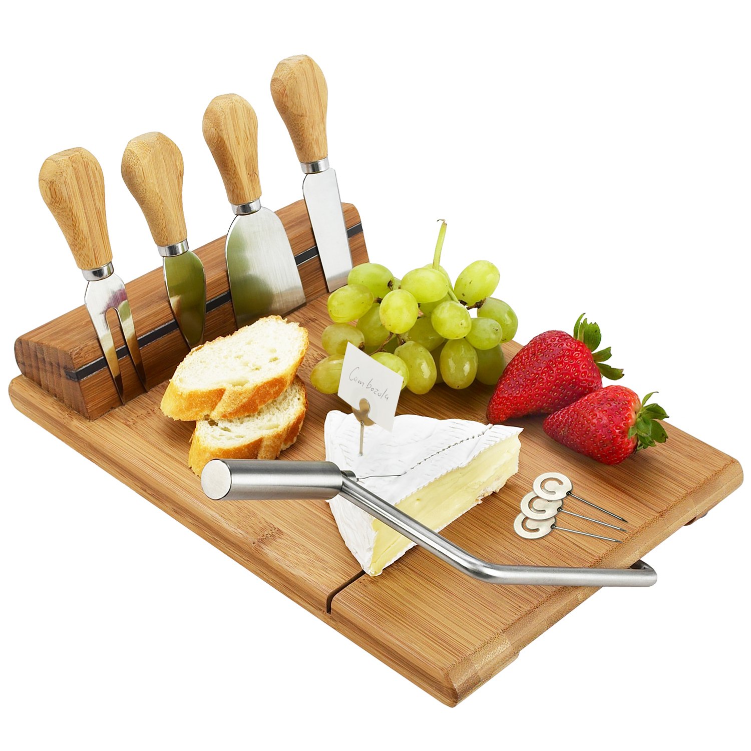 Picnic at Ascot Bamboo Board with Wire Cheese Slicer & 4 Stainless Steel Tools & Cheese Markers - 12" x 8"- Designed & Quality checked in the USA
