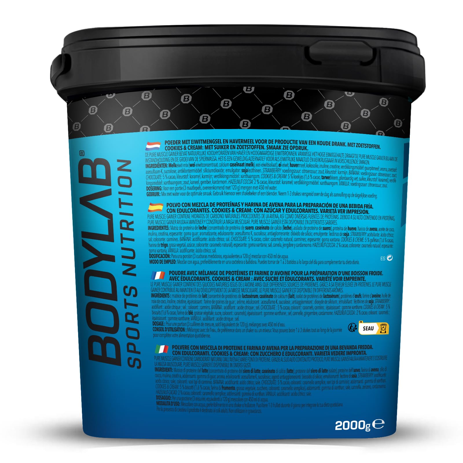 Bodylab24 Pure Muscle Gainer Cookies & Cream 2kg, je 100g 33g natürliche Kohlenhydrate, 40g Protein und 12g Fett, angereichert mit Kreatinmonohydrat, perfekter Weight Gainer Shake für den Masseaufbau