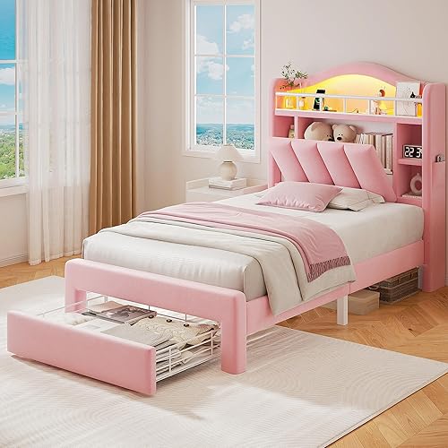 Base de cama LED individual con cabecera de almacenamiento y 2 cajones de almacenamiento, cama tapizada de terciopelo princesa con diseño de