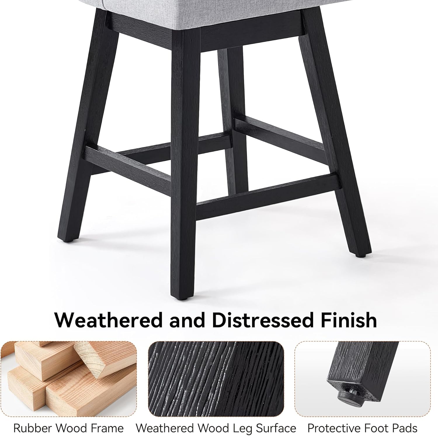 Vipbear Swivel Counter Height Bar Stools Set of 3, 26 inch Upholstered Linen Fabric Modern Bar Chairs with Backs and Wood Legs for Kitchen Island, Dining Room, Light Grey