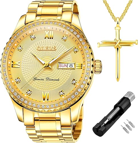 OLEVS - Relojes de diamantes para hombres relojes de vestir a prueba de agua relojes analógicos de cuarzo de lujo con calendario de fecha y correa