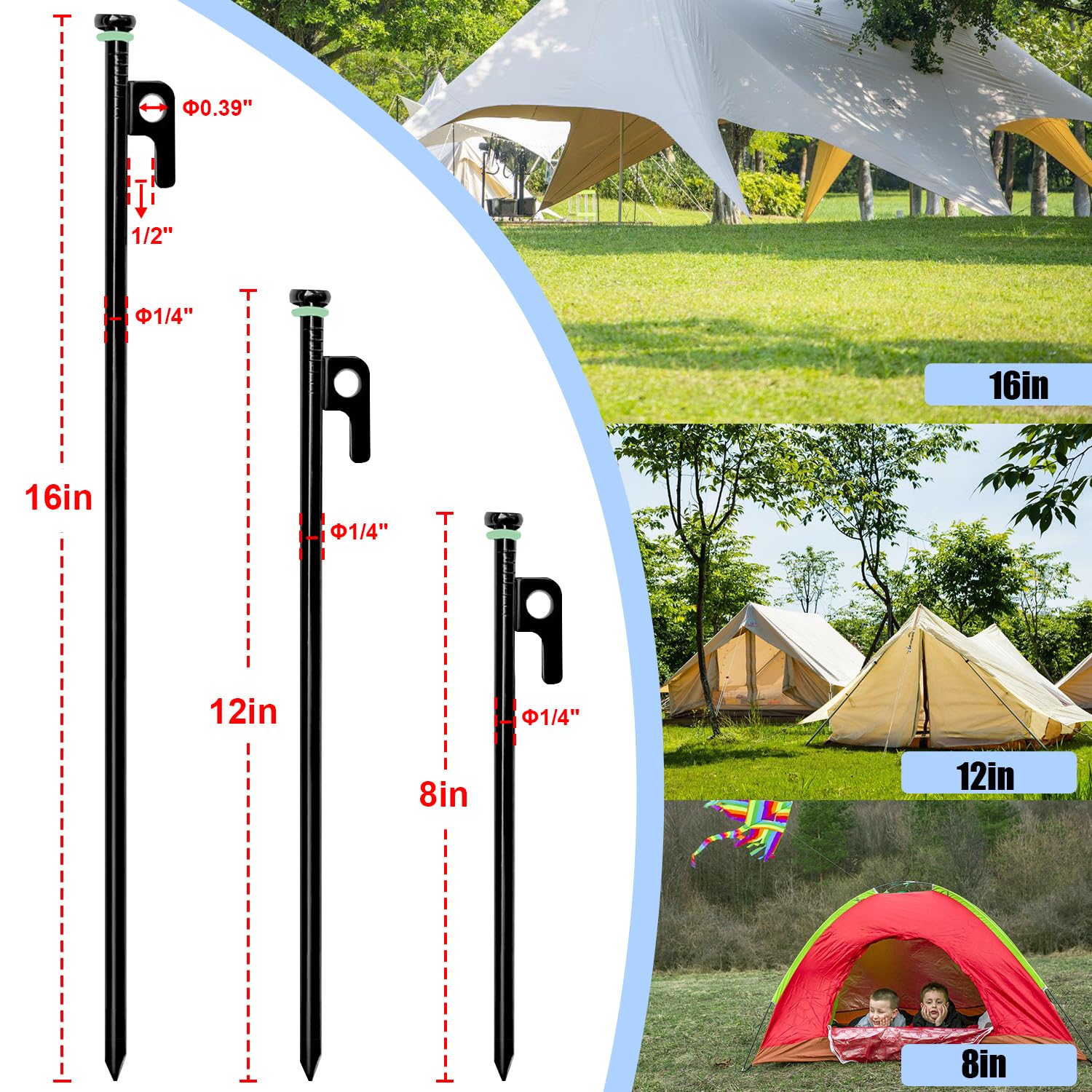 12Pcs Tent Stake with Hammer Set, 8in Tent Stakes Heavy Duty with 10.5in Camping Hammer, Storage Pouch, Forged Steel Tent Stakes for Camping Used on Rocks, Grassland(12Pcs 8in Stakes+Hammer)