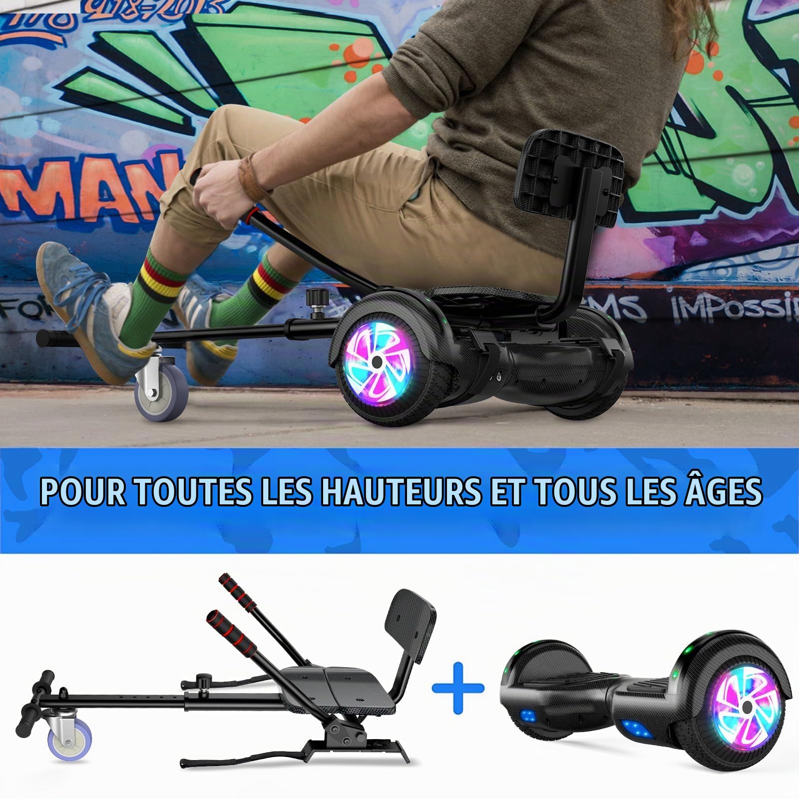 Hoverboard avec siège, Hoverboard à deux roues de 6,5 pouces avec haut-parleur Bluetooth et lumières colorées, scooter auto-équilibrant pour enfants (Go-Kart inclus)
