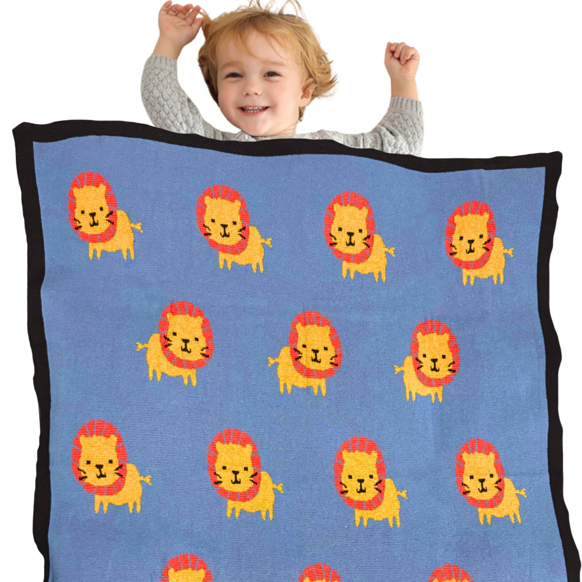 Soft Knitted Baby Blanket with Adorable Lion Design – 100% Cotton Swaddle for Newborns, Infants & Toddlers – Versatile Stroller Cover, Play Mat, and Nursery Blanket – 39 x 31 inches (Blue Color)