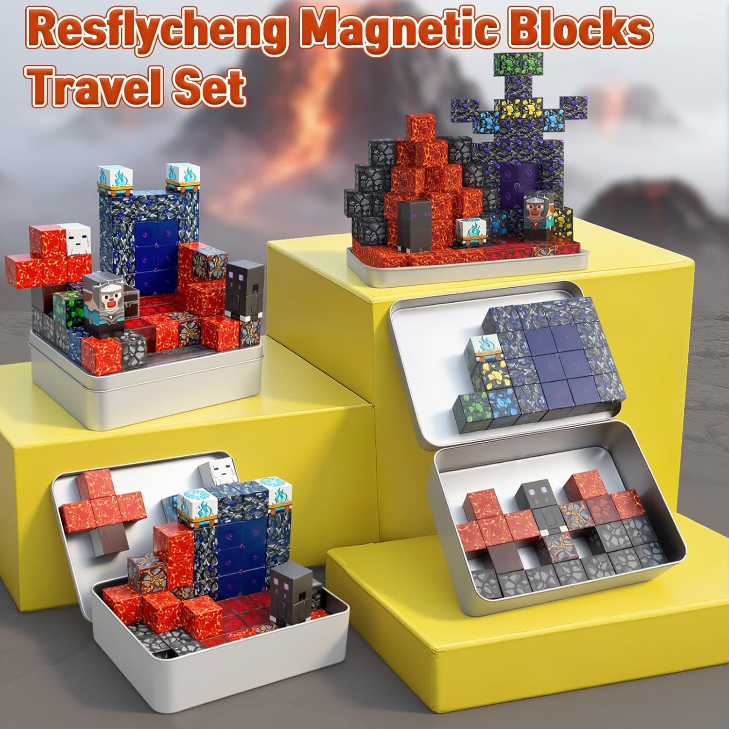 70PCS Magnetic Building Blocks Travel Toys for Kids Ages 4-8, Lava Portal Mini Magnetic Blocks with Iron Storage Box, Portable Magnet Cubes STEM Learning Set for Toddler Boys Girls Ages 3+