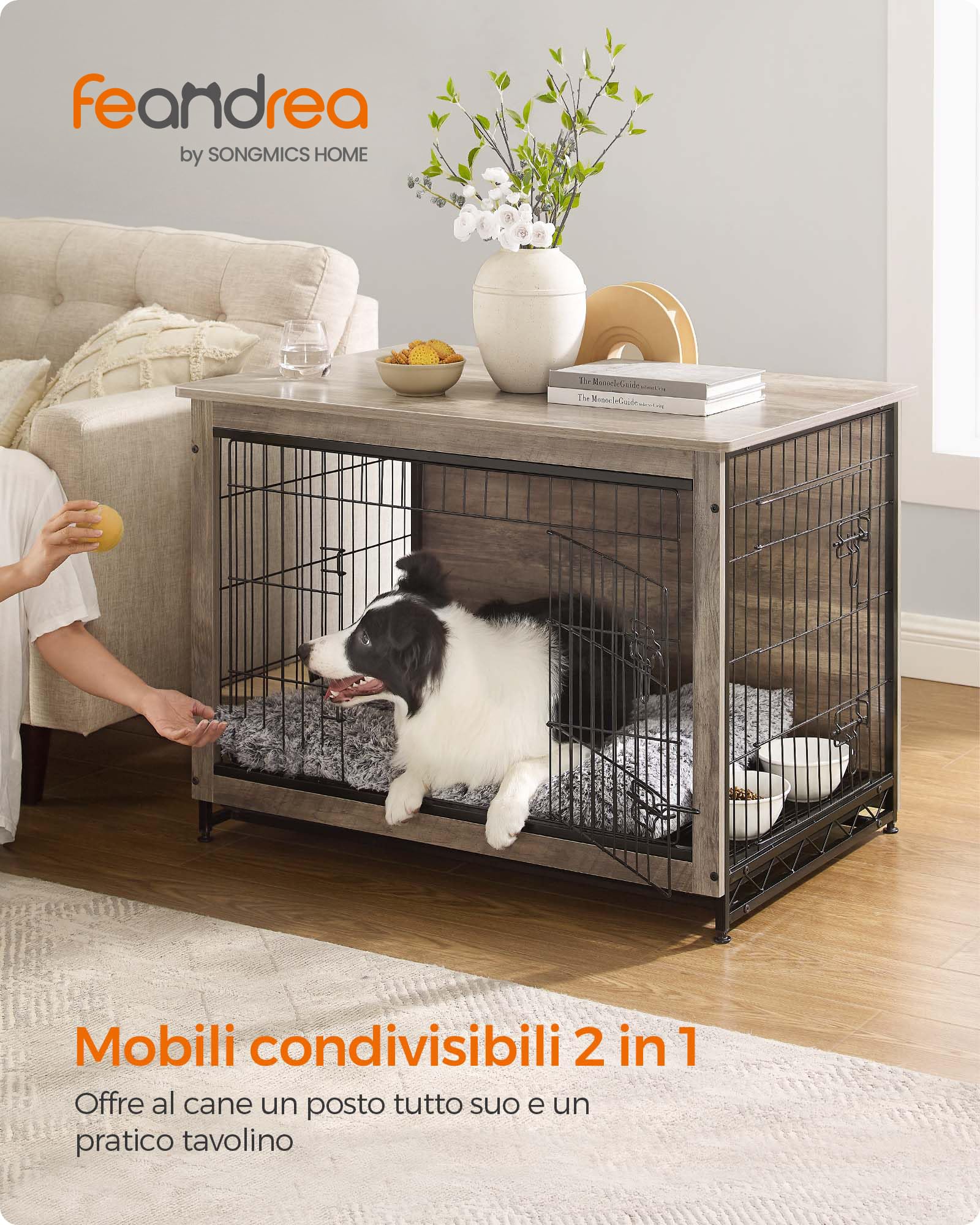 Feandrea Gabbia per Cani, Mobile Tavolino, Cuccia Moderna da Interno per Cani fino a 32 kg, Gabbia per Cuccioli, Vassoio Multiuso Rimovibile, Casetta per Animali, 2 Porte, Greige PFC003G01