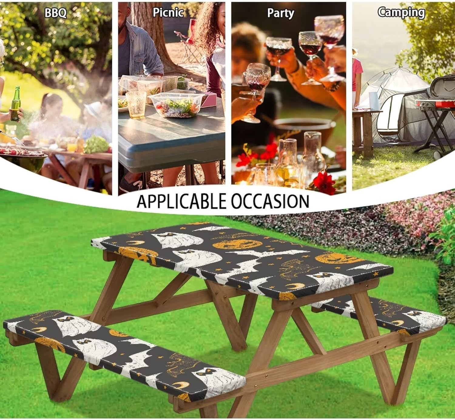 Halloween Theme Picnic Table Covers with Bench Covers Picnic Table Covers with Elastic Detachable Washable Camping Essentials for Outdoor Patio Trips Holiday Decorations