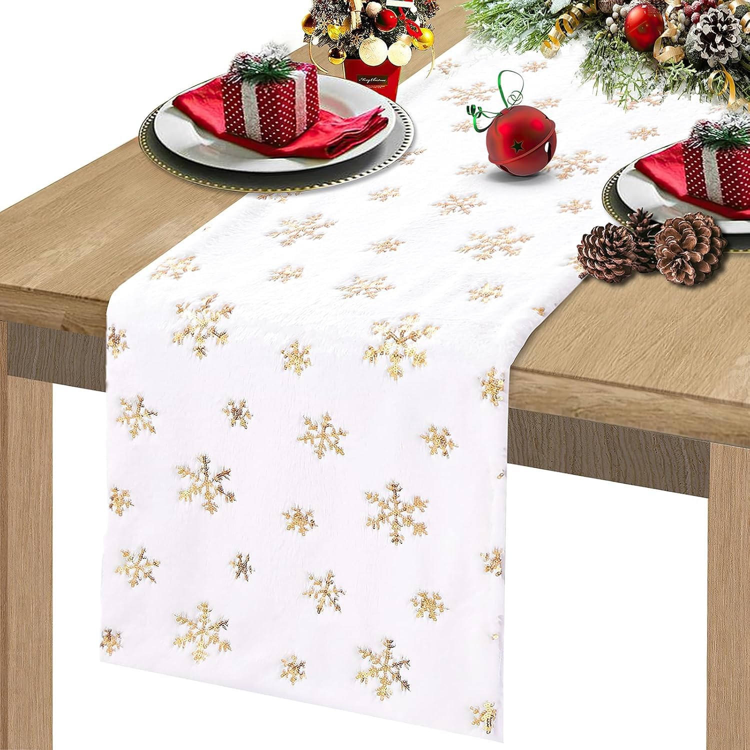 BrillShine Camino de mesa de Navidad, color blanco y dorado, diseño de copo de nieve, de piel sintética, moderno, decoración navideña (35 x 180 cm)