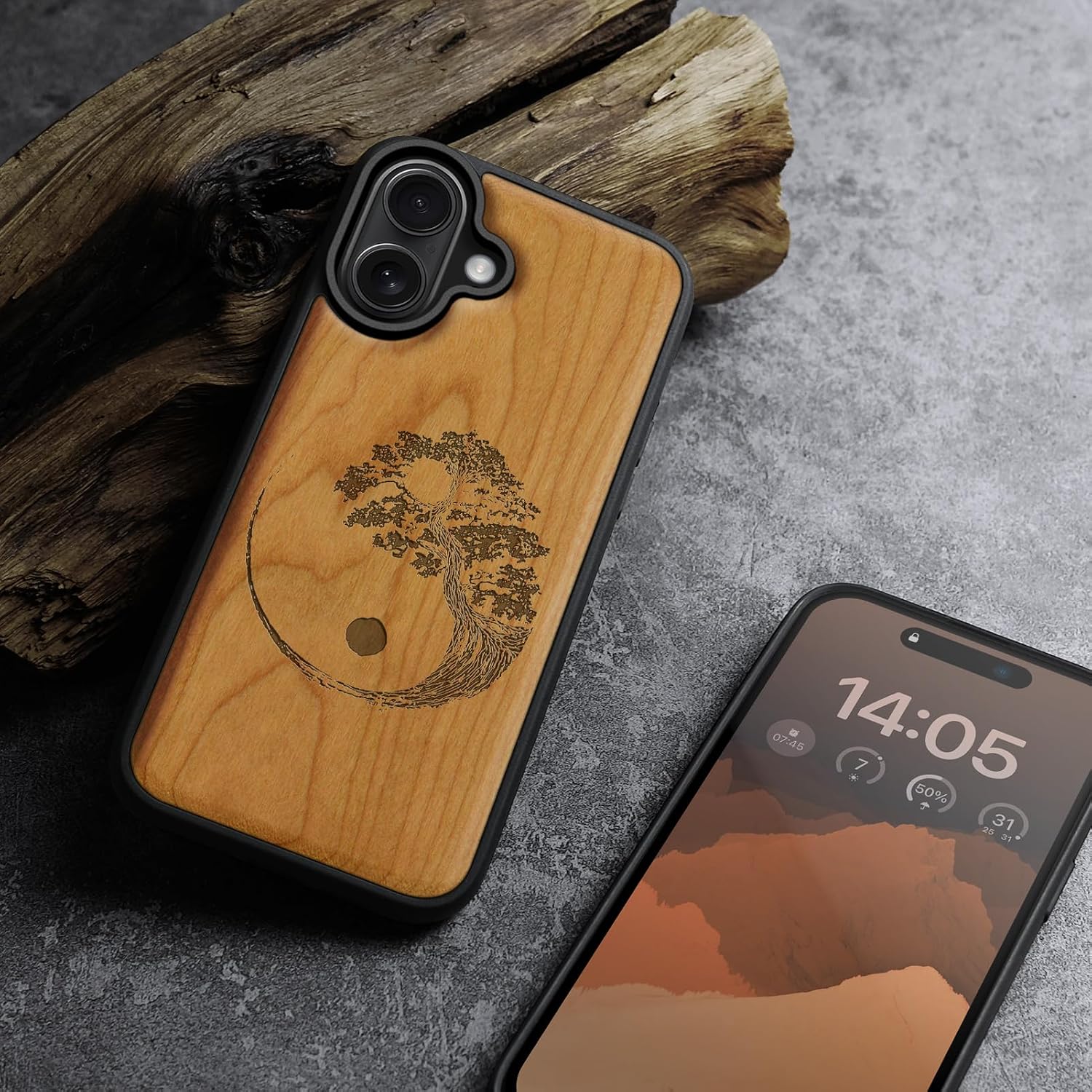 Carveit Magnetic Wooden Case for iPhone 16 Case, Wood Artisan Engraved & Black Soft TPU Shockproof Cover, Compatible with MagSafe Wireless Chargers (Yin Yang Bonsai Tree) Cherry
