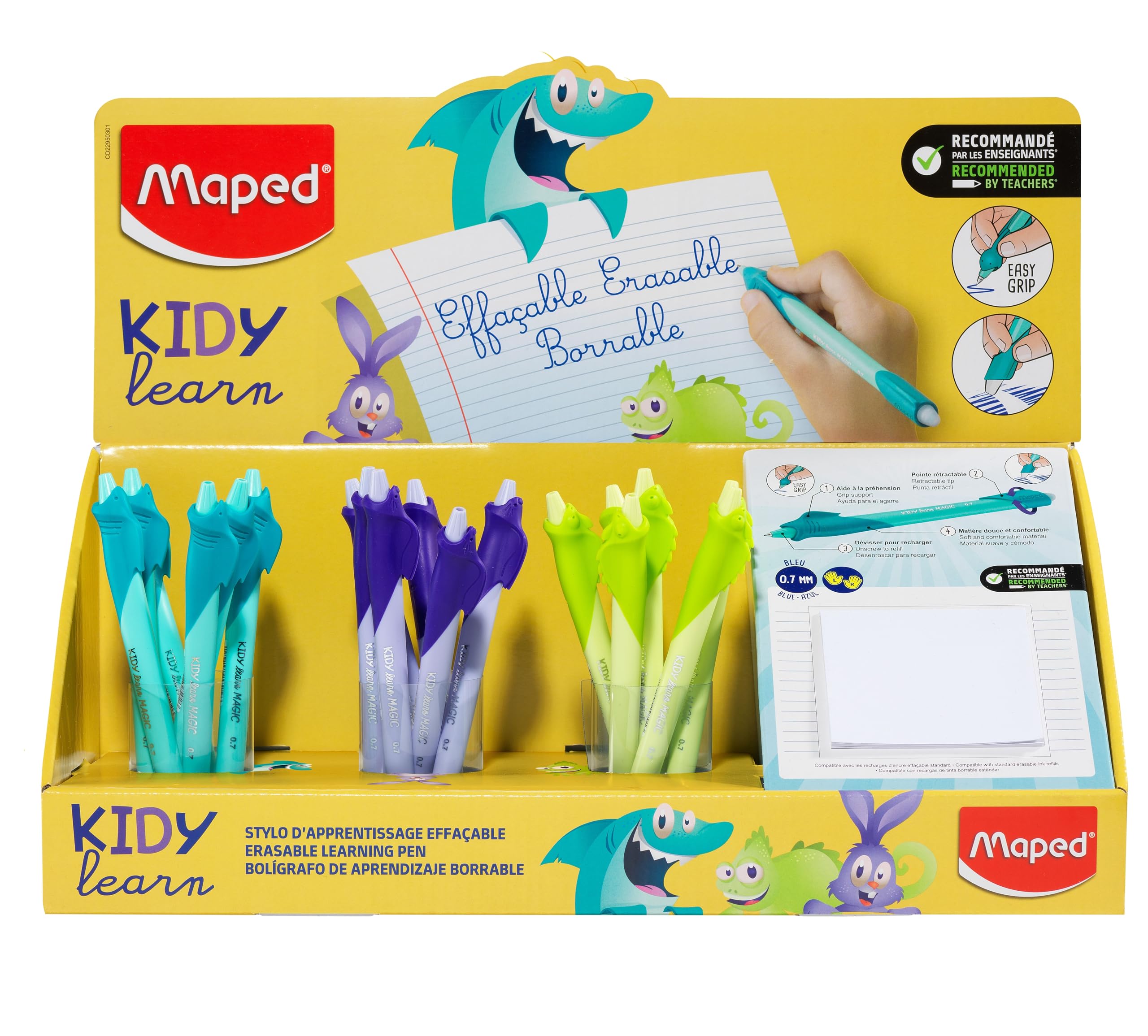 Maped - Radierbarer Stift Kidy Learn Display – Kugelschreiber für Kinder mit integriertem Radiergummi, nachfüllbar und ergonomisch – Schulbedarf zum Erlernen des Schreibens – Zubehör für den
