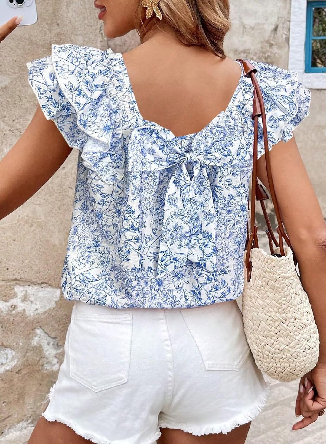 Womens Bow Tie Back Tops Round Neck Ruffle Short Sleeve Shirts Cute Babydoll Chiffon Tee Women Summer Trendy Tunic