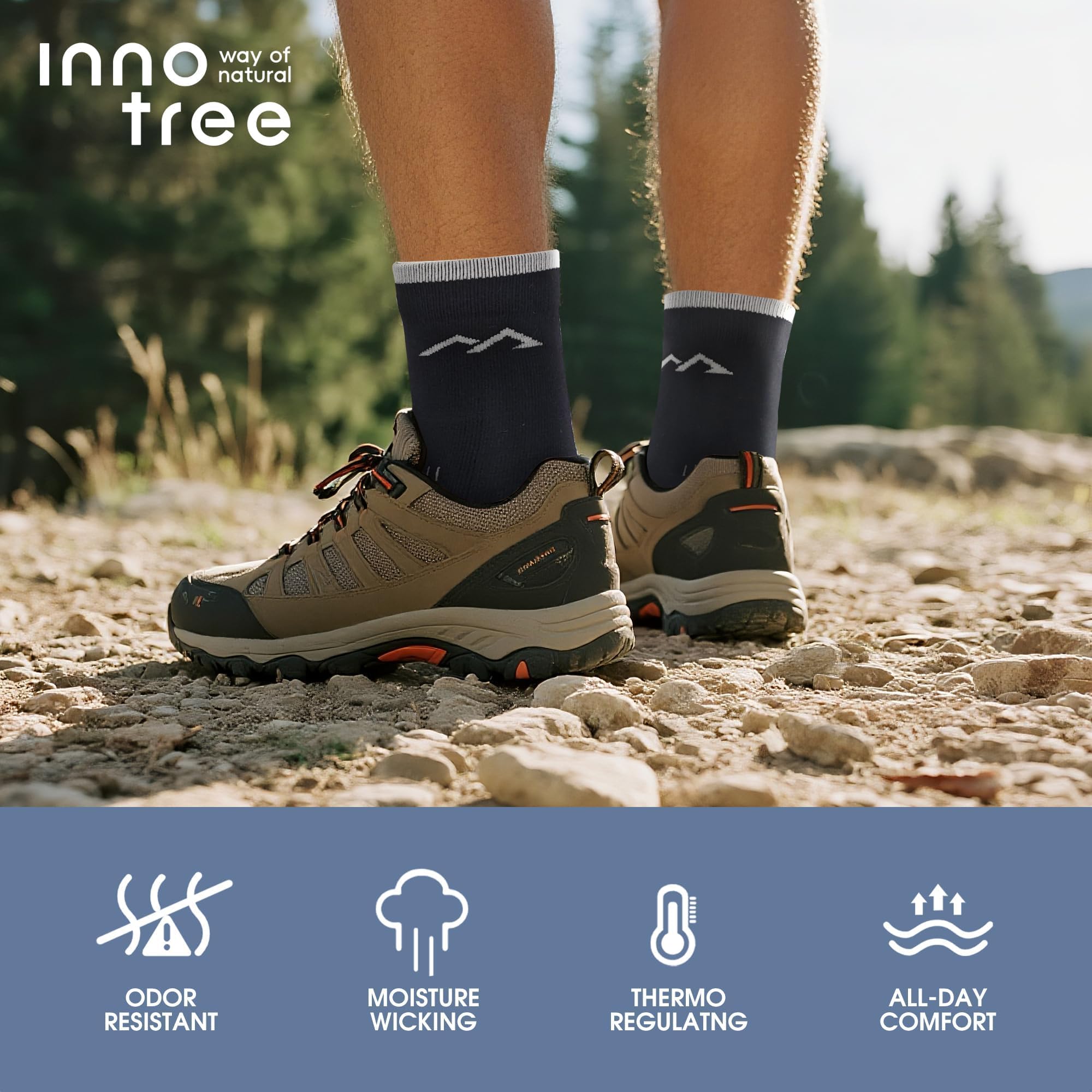 innotree Paquete de 3 calcetines de senderismo de lana merino para hombre, acolchados con micro tripulación, calcetines térmicos que absorben la humedad