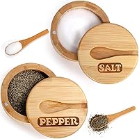 Vista 3 de Lawei Paquete de 2 cuencos de bambú para sal y pimienta, recipiente redondo para sal con tapas magnéticas giratorias y cucharas, bodegas de sal