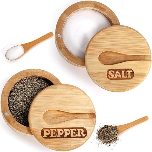 Miniatura 3 de Lawei Paquete de 2 cuencos de bambú para sal y pimienta, recipiente redondo para sal con tapas magnéticas giratorias y cucharas, bodegas de sal de