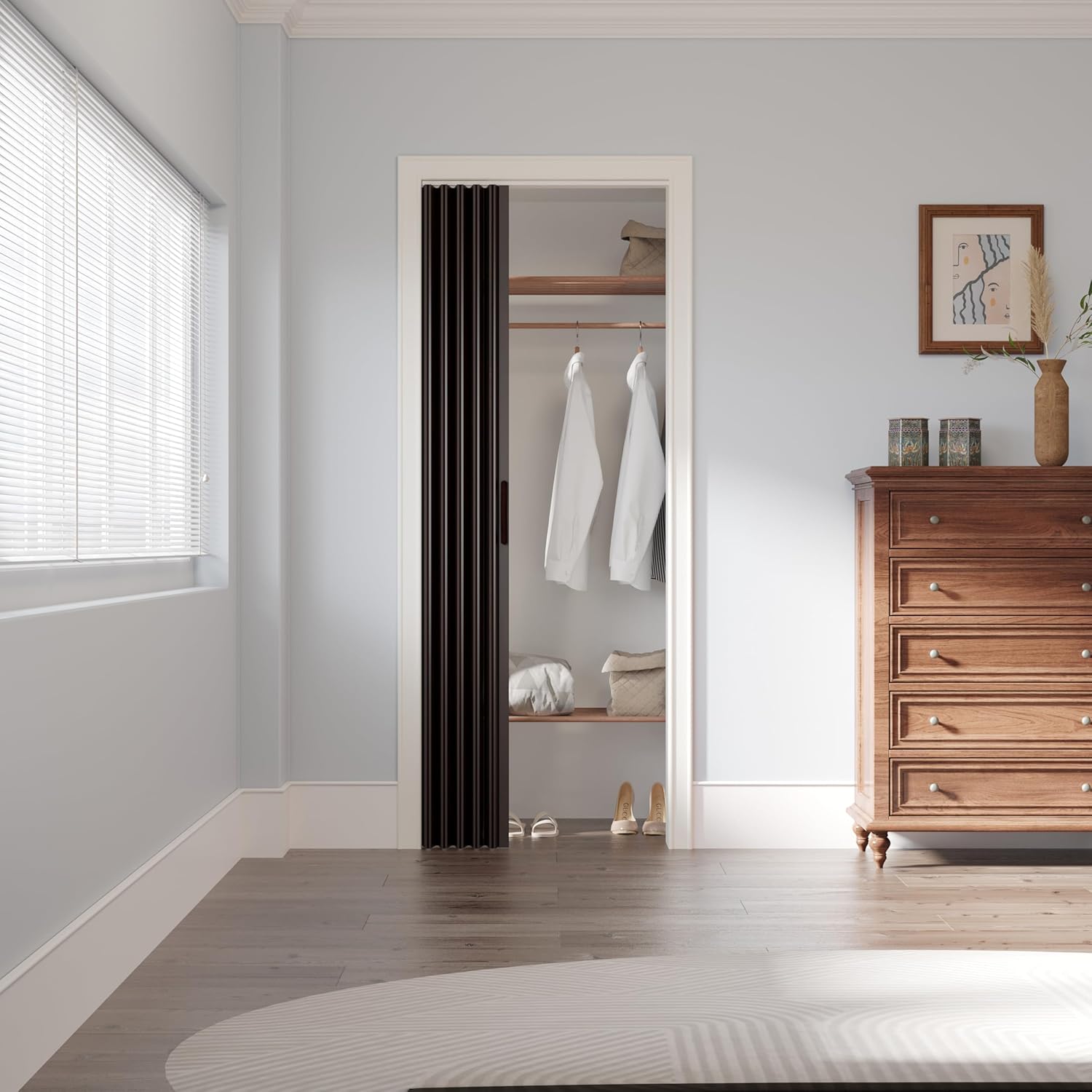 60" x 80" Accordion Door Interior, Walnut PVC Powerful Magnetic Folding Door and Hardware Kit Included, Multifold Bifold Closet Doors for Closet Bathroom Doorway 49-60" x 80"