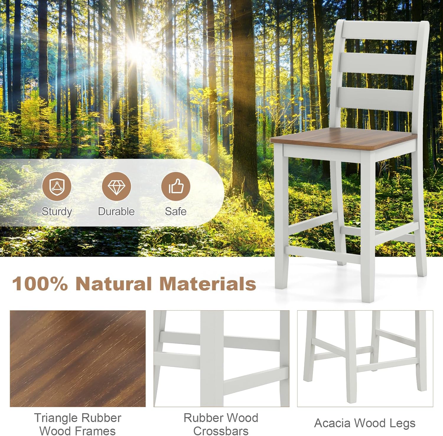 COSTWAY Set of 4 Counter Height Chairs, 24'' Wooden Bar Stools with Back Support, Footrest, Acacia Wood Legs, Mid Century Modern Island Chairs for Kitchen Dining Room, Grayish White