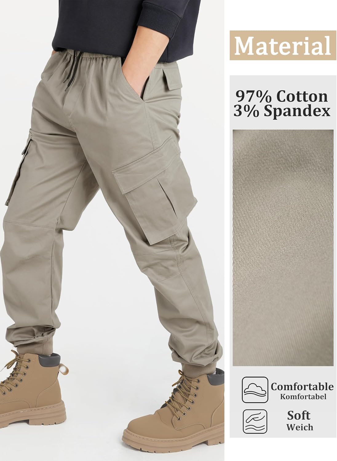 CAMLAKEE Boys Stretch Cargo Pants Kids Drawstring Elastic Waist School Youth Twill Joggers Pants - Image 3