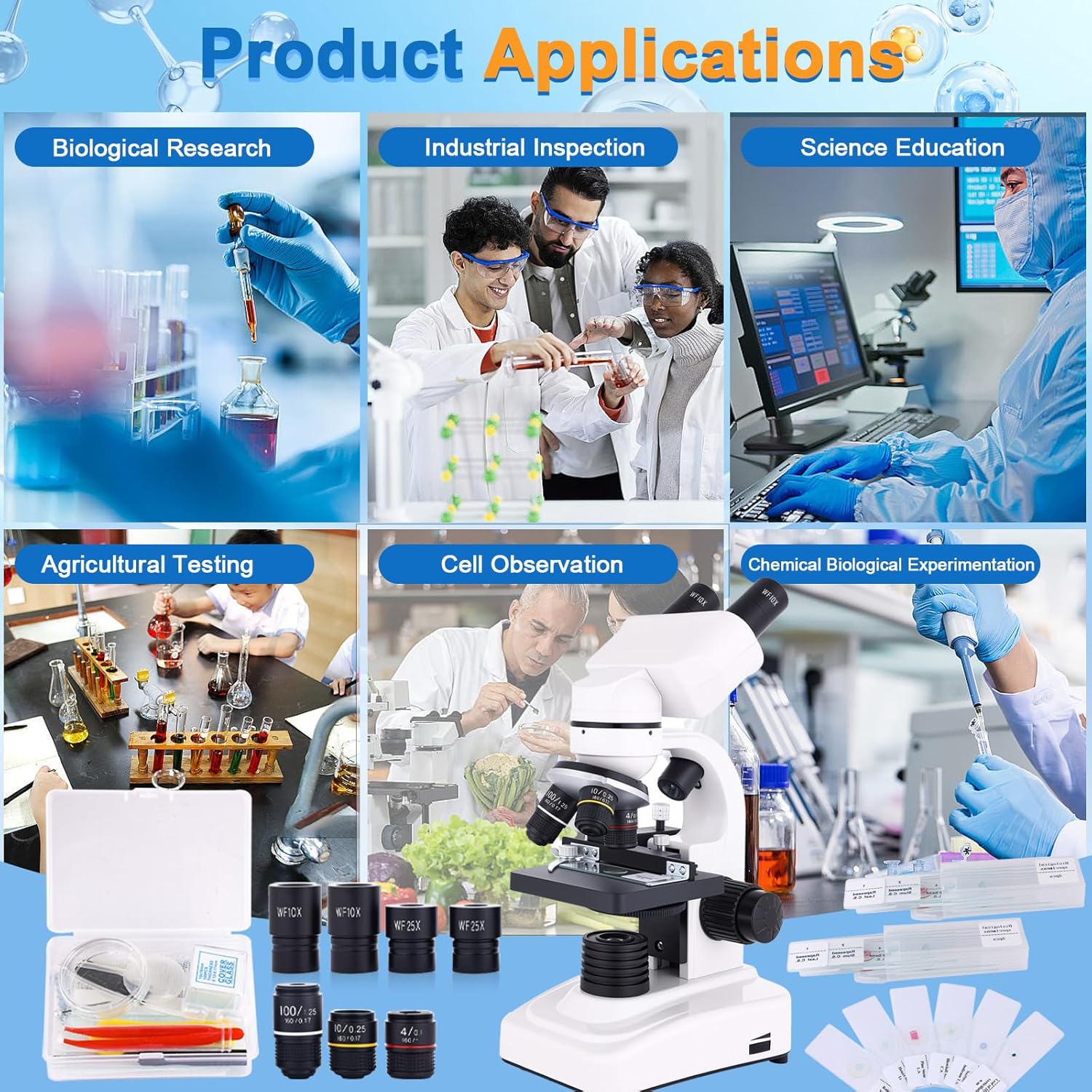 Binocular Microscope Magnification 40X-2500X, WF10x and WF25x Eyepieces, Dual LED Illumination, Suitable for Schools Home Labs Educational Adult Microscope