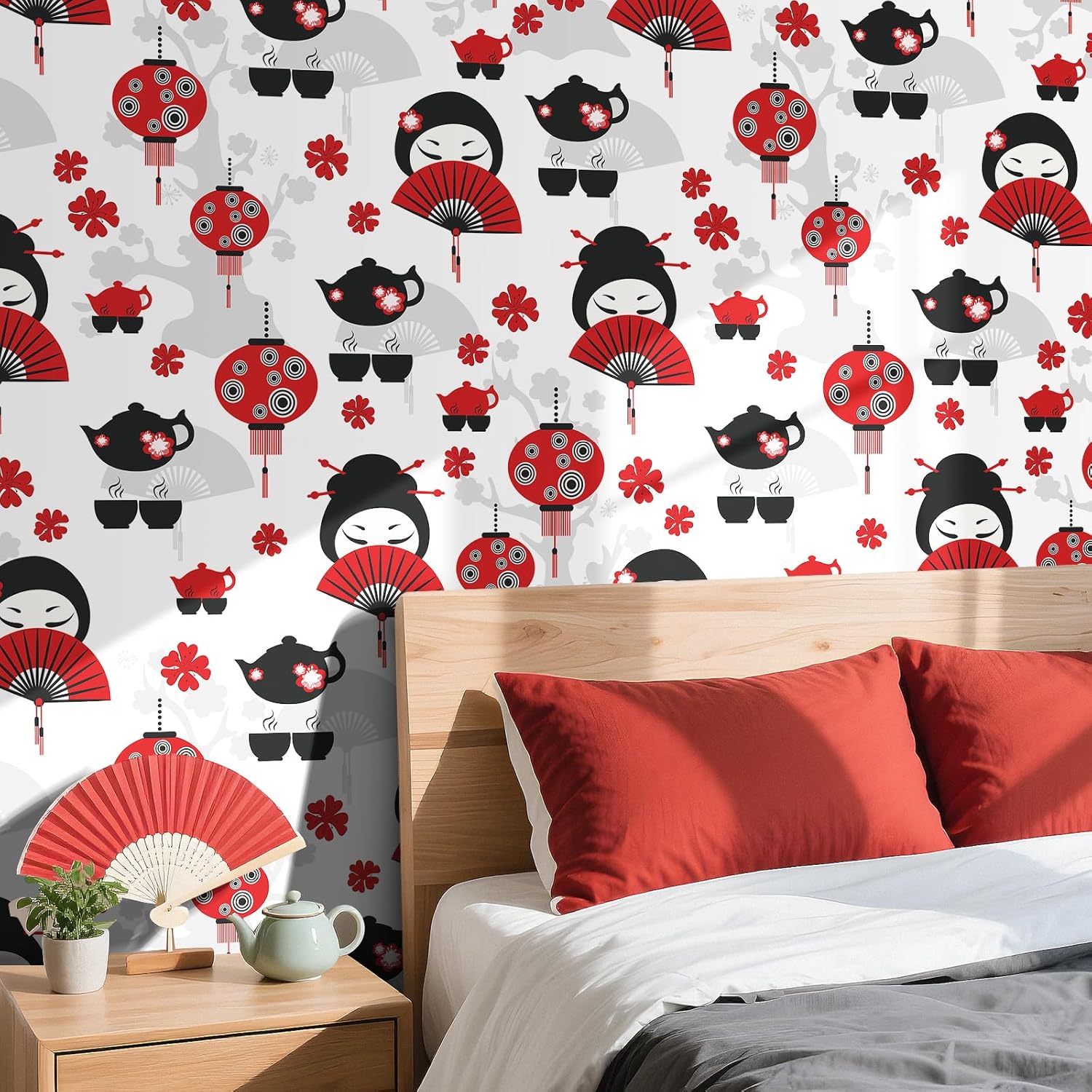 LaCheery Japanese Peel and Stick Wallpaper Red Black White Wallpaper Peel and Stick Kitchen 17.5"x276" Red Folding Fan Japanese Style Floral Mural Wall Paper Removable Contact Paper for Cabinets Walls