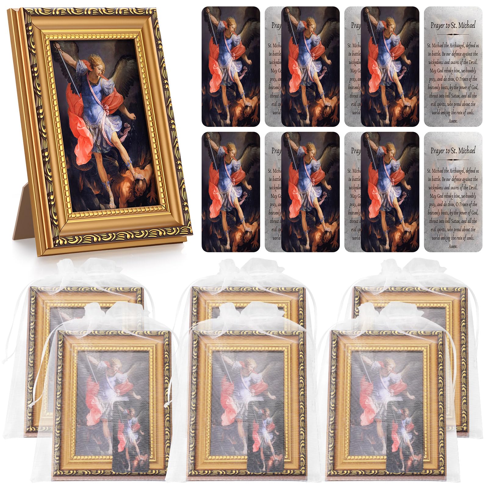 Leinuosen 18 Pcs Catholic Religious Gift St. Micheal Image with Art Print Frame Archangel Picture St Michael Prayer Card Organza Bag Set for Home Decor First Communion Church Baptism Favors Guest