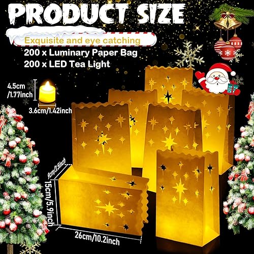 Miniatura 2 de Sabary Juego de 200 bolsas de papel luminarias con luces de té sin llama, velas votivas LED de Navidad con bolsa luminaria para cumpleaños, boda,