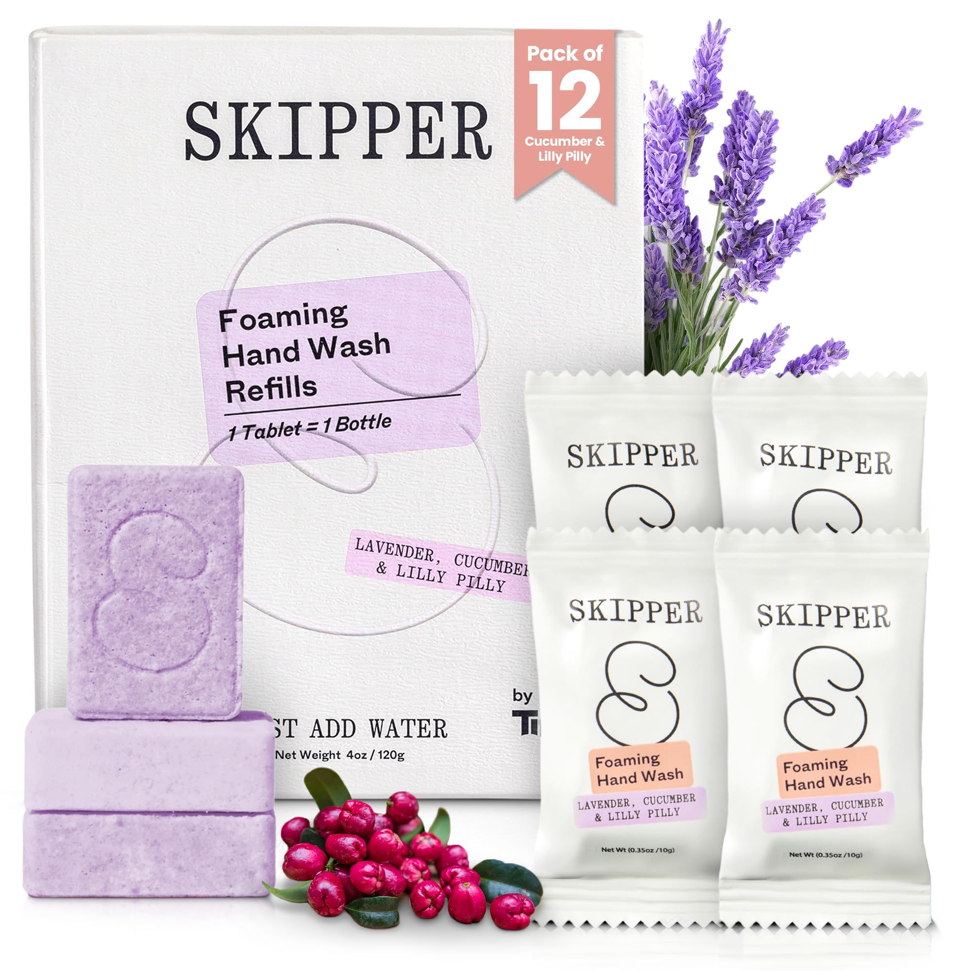 Tirtyl Skipper Foaming Hand Soap Tablet Refills - 12 Pack - 96 fl oz total (12x 8 fl oz) - Rebranded - Compostable Packaging - Lavender, Cucumber &