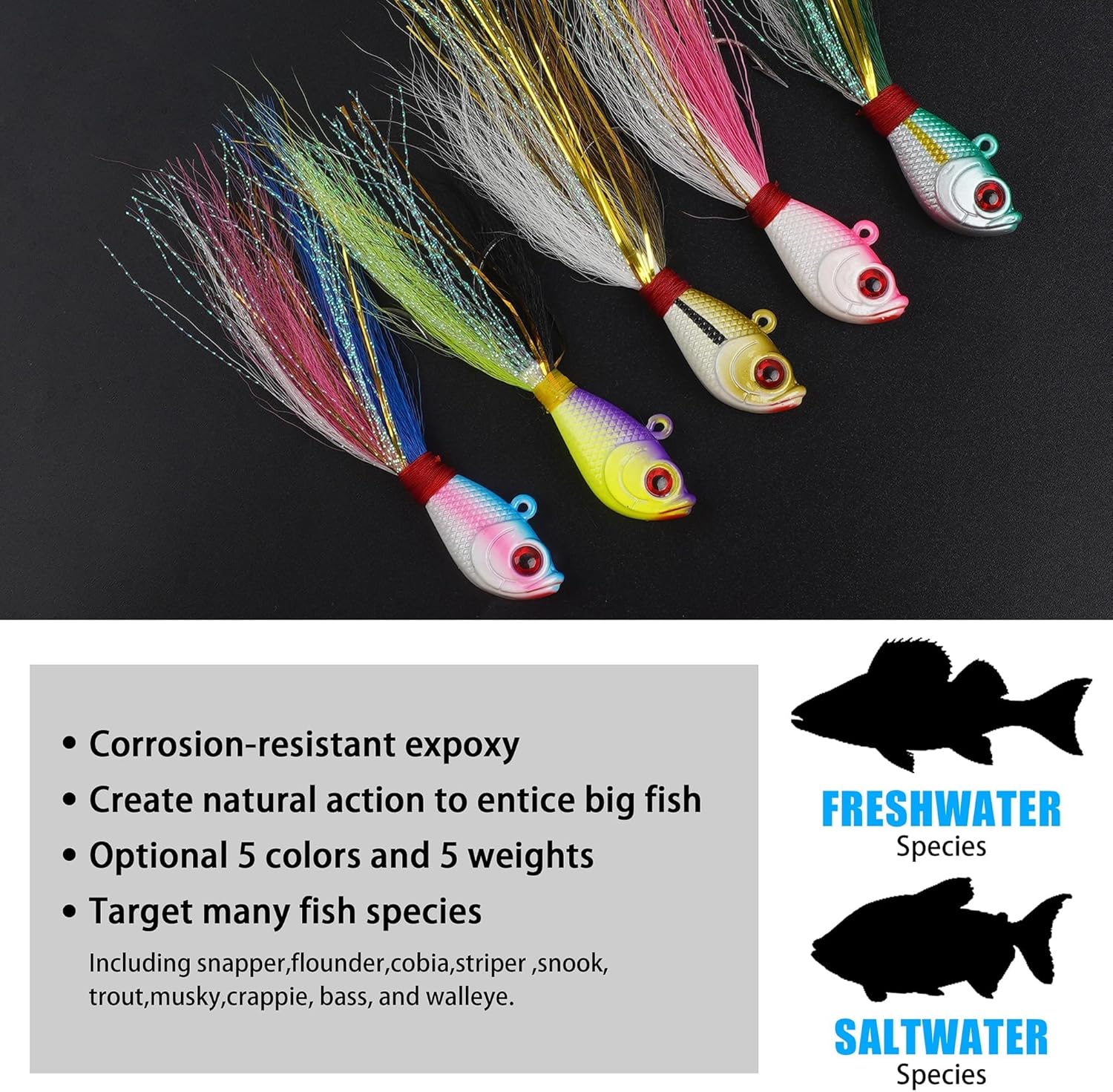 Bucktail Jig Lure Hair Jig Saltwater Freshwater Lures Surf Fishing Bass Flounder Striper Bluefish Halibut Redfish 1/4oz, 1/2oz, 1oz, 1.5oz, 2oz