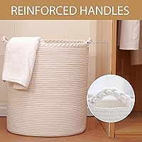 Vista 11 de Canasta de lavandería tejida de 58L, canasta alta de lavandería de algodón para mantas, ropa, almohadas, juguetes, zapatos, gran cesta de lavandería