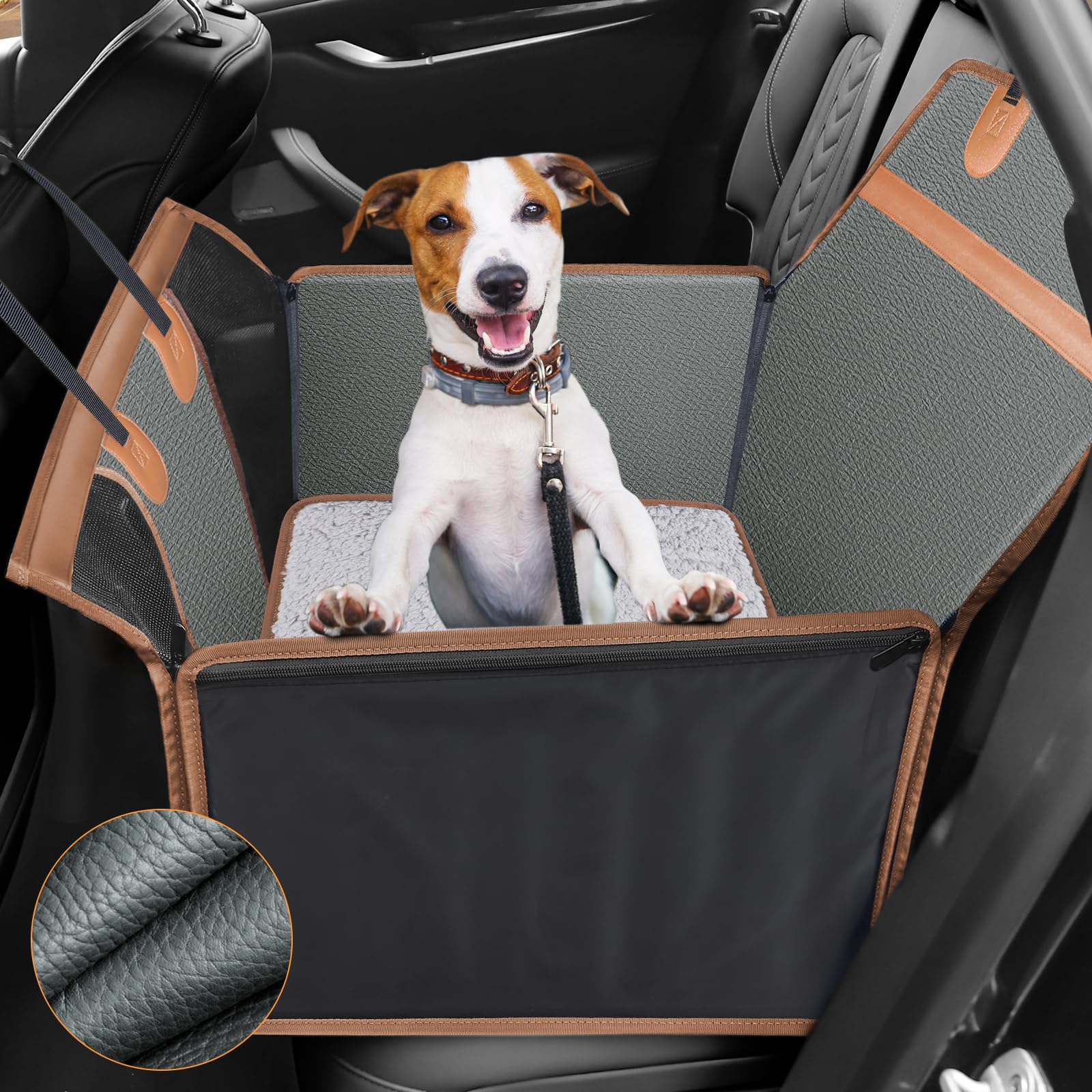 MIXJOY Hard Bottom Dog Car Seat for Medium Dogs, PU Leather Large & Small Dog Car Seat Cover for Back Seat, Dog Travel Car Bed with Washable Removable Cover, Half Seat Dog Hammock with Baby Car Seat