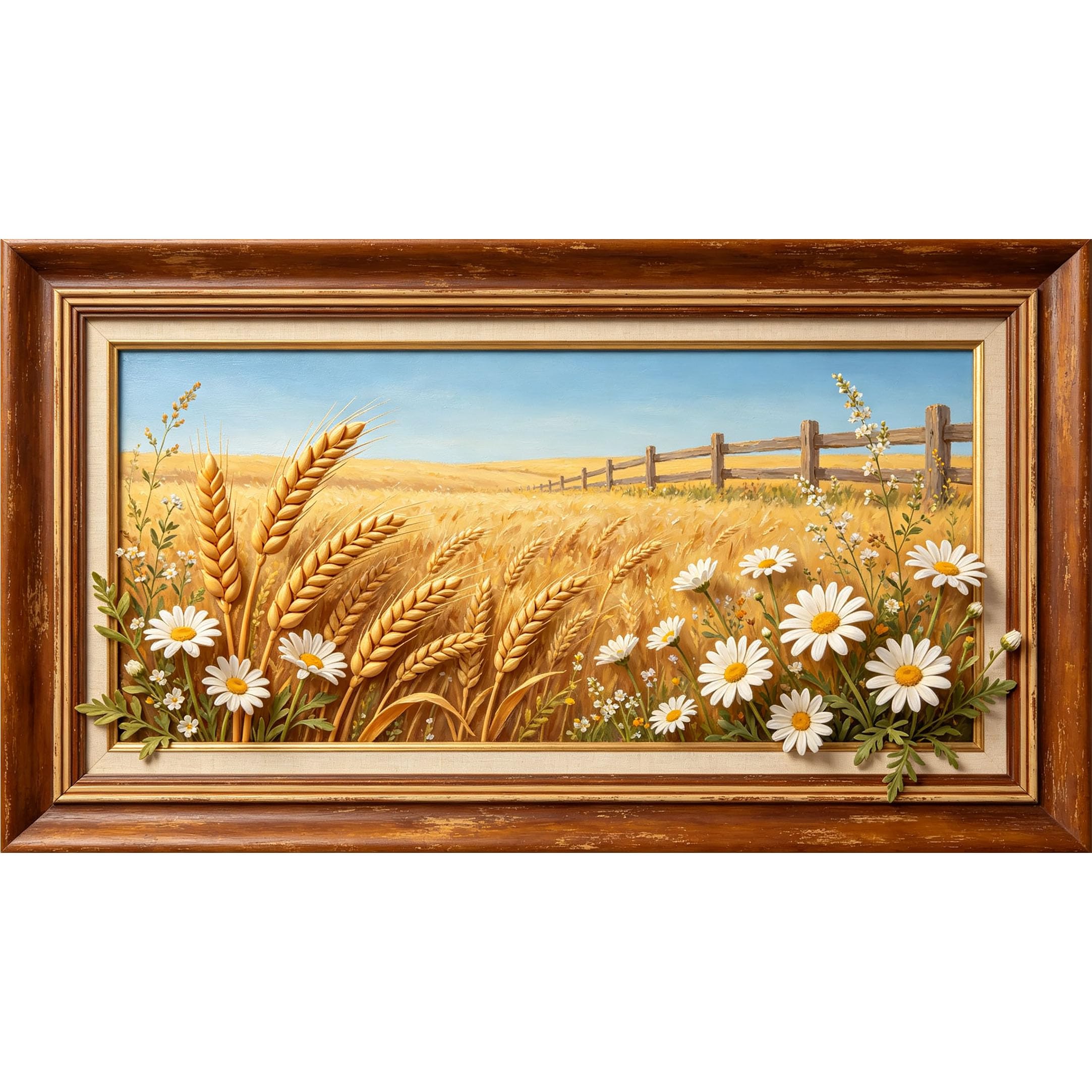 QZLITHOTIC 50x90cm3D Framed Wall Art， Wheat Field Daisy Floral Farmhouse Self‑Adhesive Mural， Water‑Activated Peel & Stick Fabric Decor Wall Decal for Bedroom Living Room